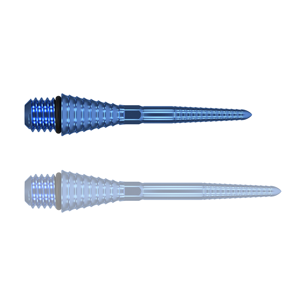 380176_Target_Titanium_Swiss_Point_Grooved_Conversion_Points_Blau_26mm_1TwbDmqfoVppg9 Das Bild zeigt zwei blaue, gerillte Spitzen aus Metall mit Gewinde am einen Ende. Sie liegen parallel nebeneinander auf einem transparenten Hintergrund.
