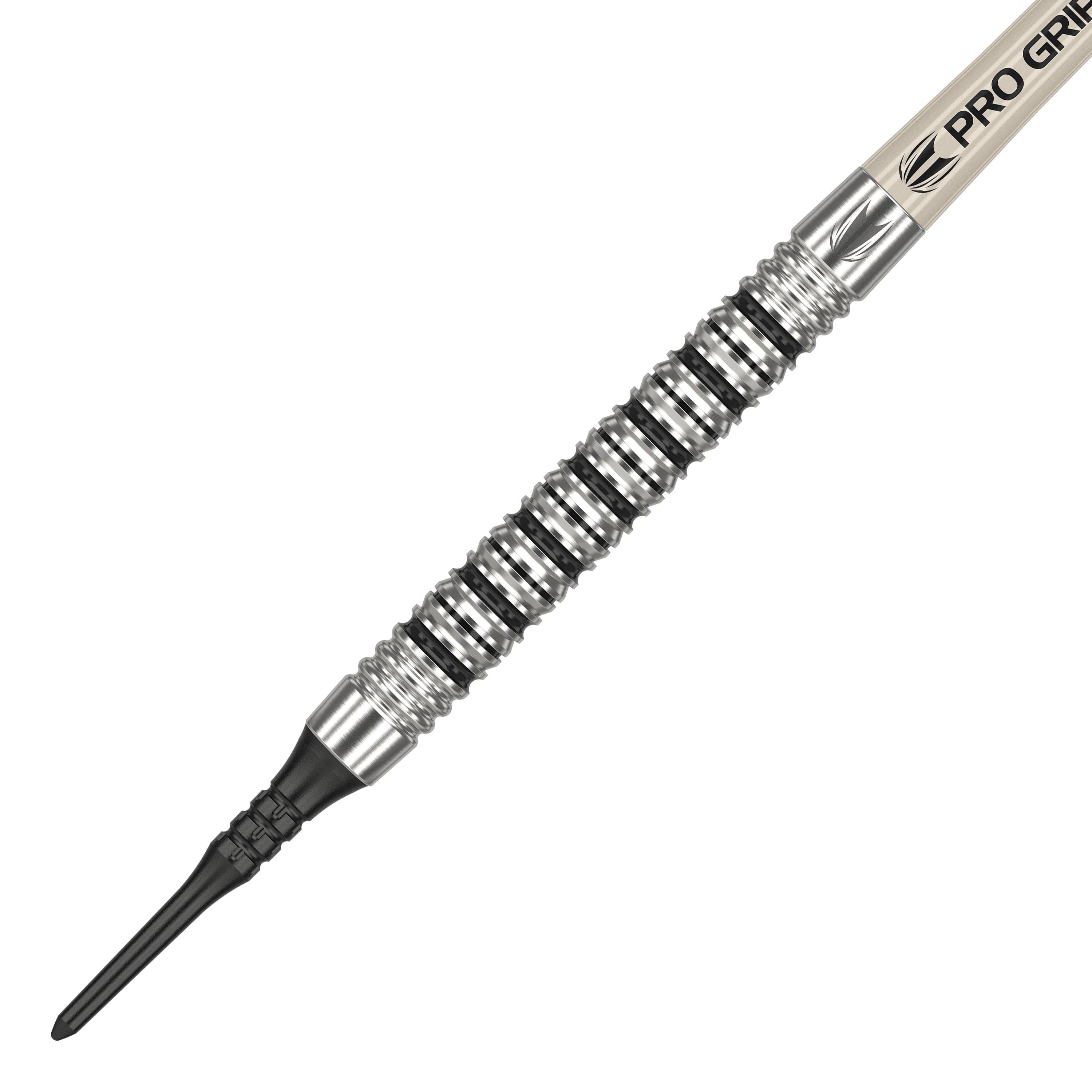 Dardos blandos Target EXO 11 Das Bild zeigt den Target EXO 11 Softdart. Der Dart hat eine silberne, gerillte Griffzone und eine schwarze Kunststoffspitze.