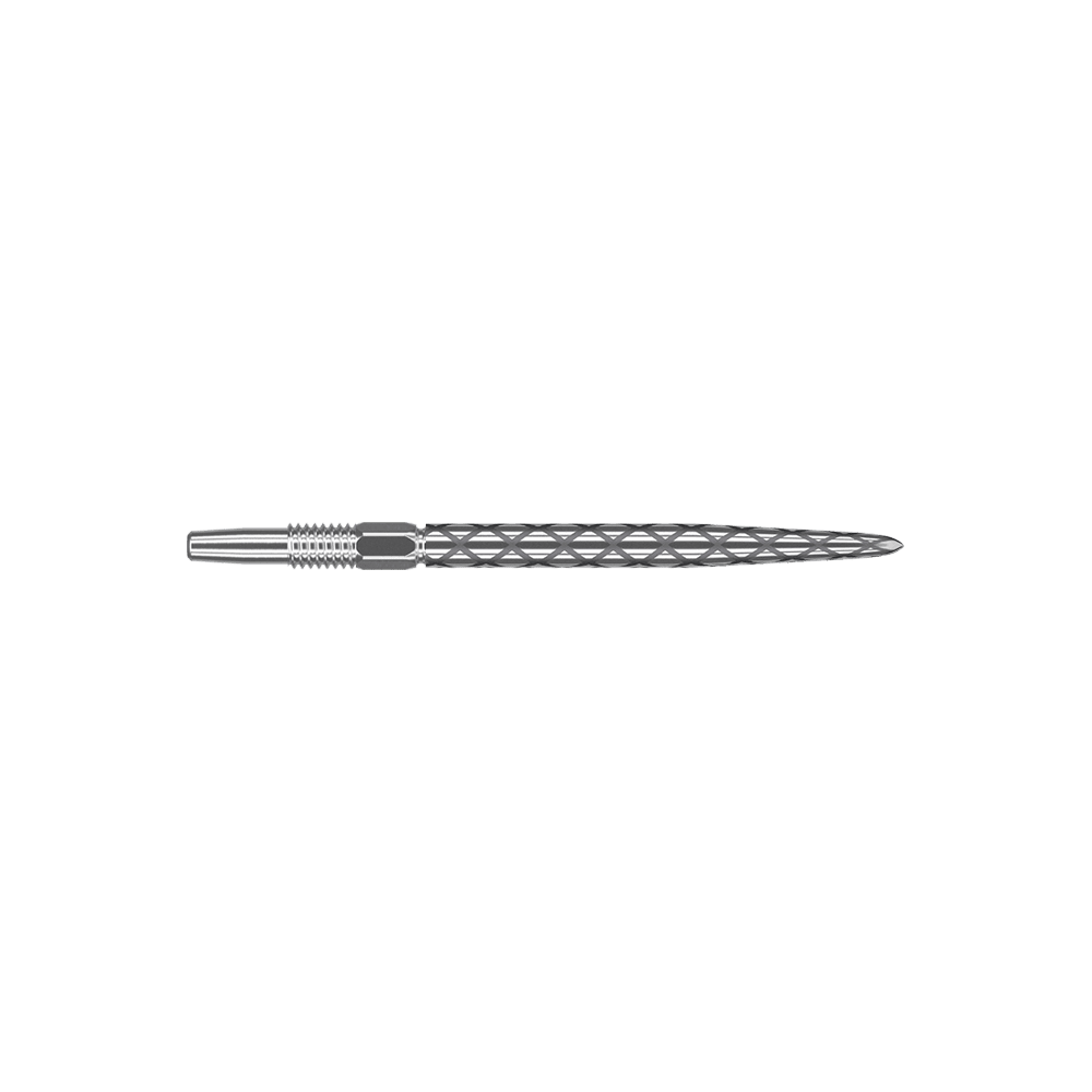 Puntas de dardos Target Swiss Diamond Pro Silver Points Das Bild zeigt eine silberne Dartspitze mit einem rautenförmigen Muster. Sie ist lang und schmal gefertigt und hat eine glatte, glänzende Oberfläche.