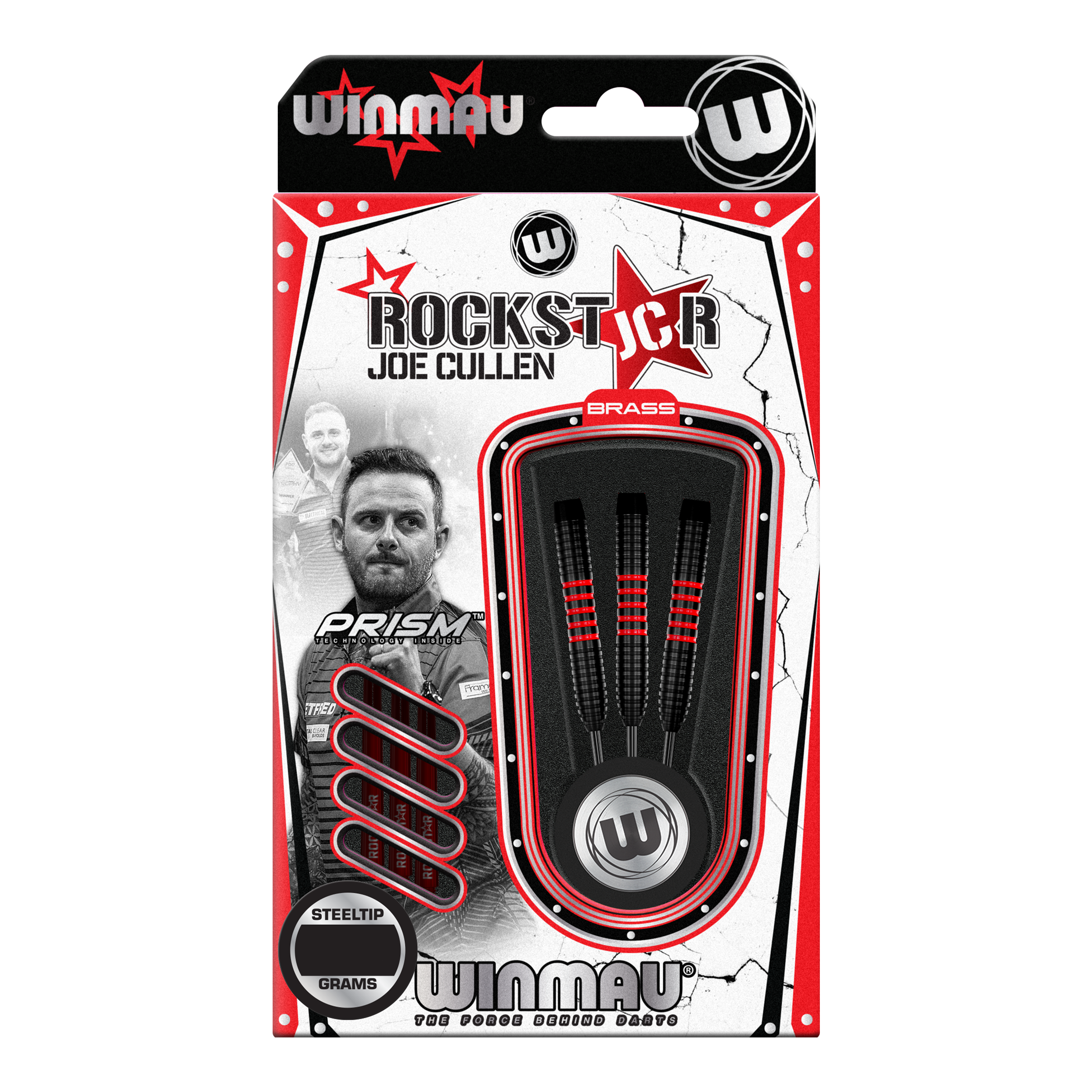 Dardos de acero de latón Winmau Joe Cullen - 20 g Das Bild zeigt die Verpackung der "Winmau Joe Cullen Brass Steeldarts - 20g". In der Verpackung sind drei schwarze Steeldarts mit roten Akzenten zu sehen.