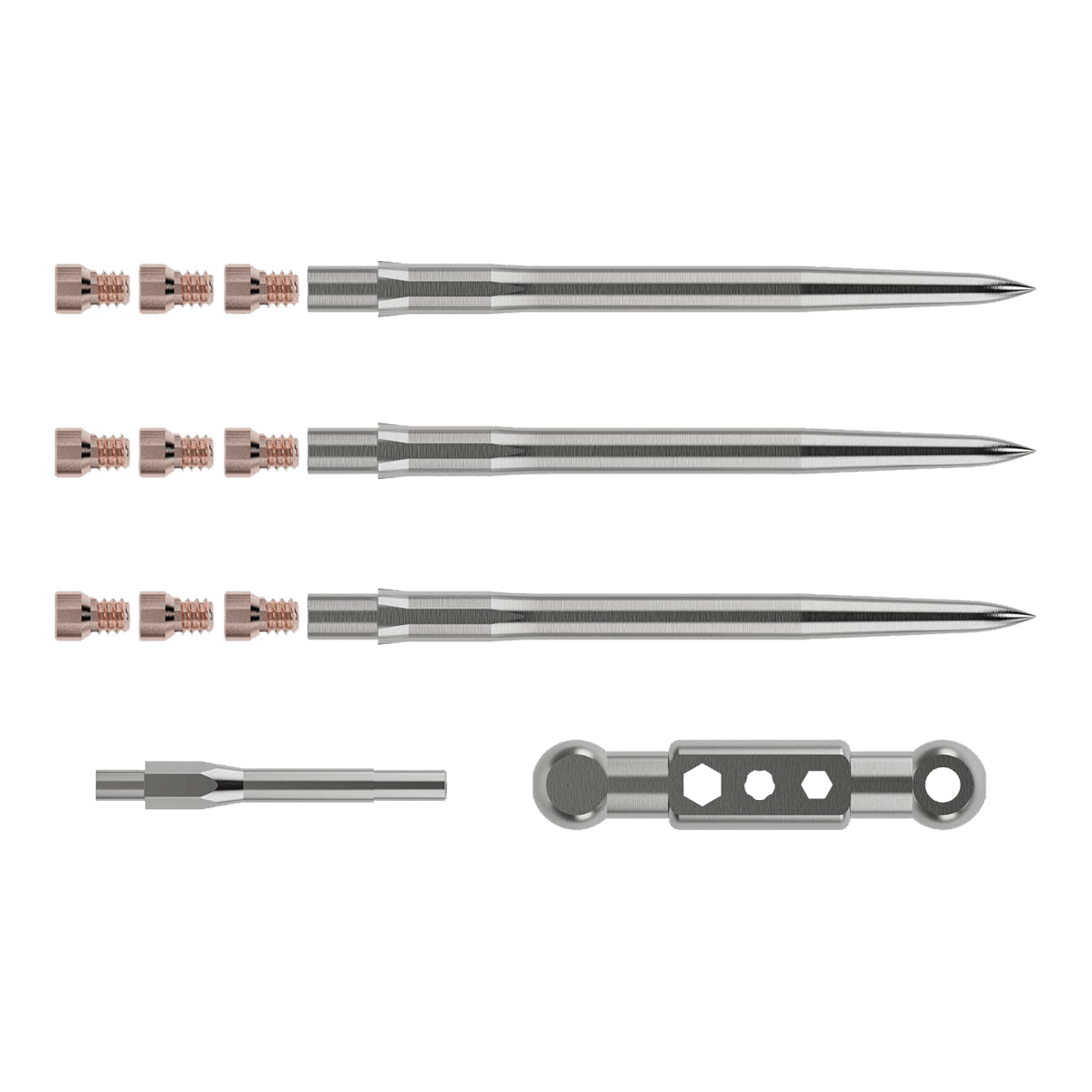 Kit de inicio Caliburn Das Bild zeigt das Caliburn Starter-Kit mit mehreren metallischen Komponenten. Zu sehen sind lange, spitze Stäbe, kleine Schrauben sowie zwei weitere Werkzeugteile.