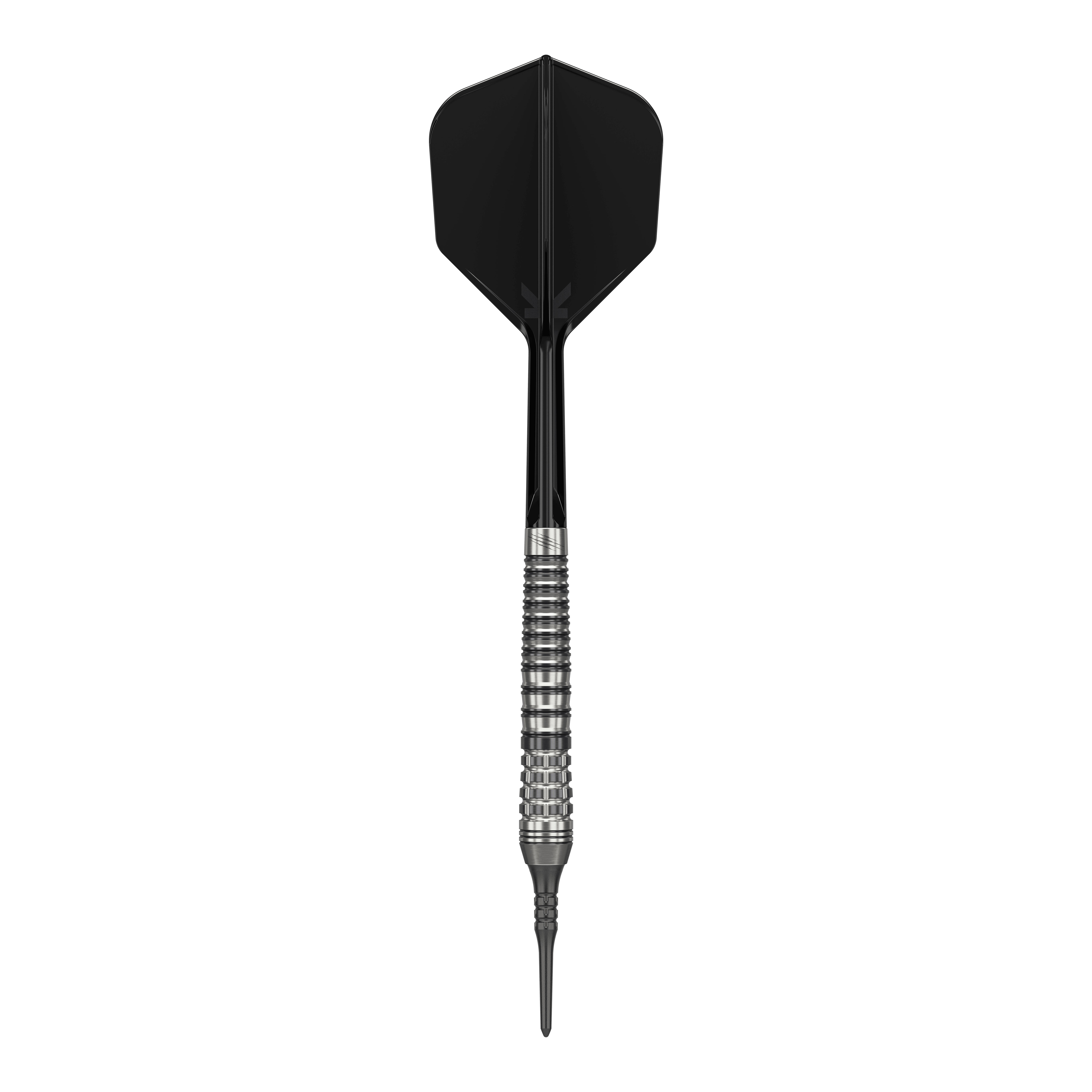 Das Bild zeigt einen schwarzen Softdart namens "Target Japan Black Marque Renegade 4" mit einem Gewicht von 19g. Der Dart hat ein elegantes Design mit einem strukturierten Griff und schwarzer Spitze sowie schwarzem Flight.