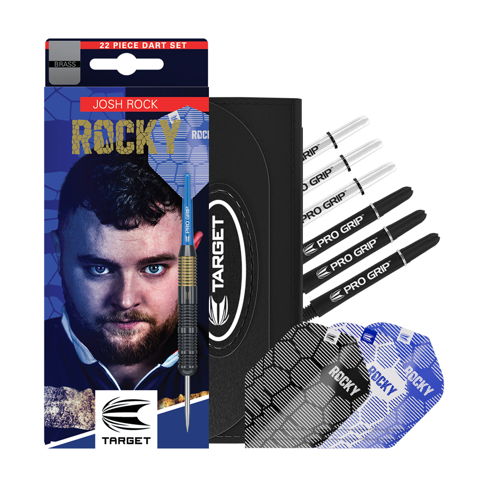 Dardos de acero y latón Target Josh Rock - 22 g Das Bild zeigt das Produkt "Target Josh Rock Brass Steeldarts - 22g" mit Verpackung, Dartpfeilen und Zubehör. Das Set enthält mehrere Flights und Schäfte sowie ein Etui.