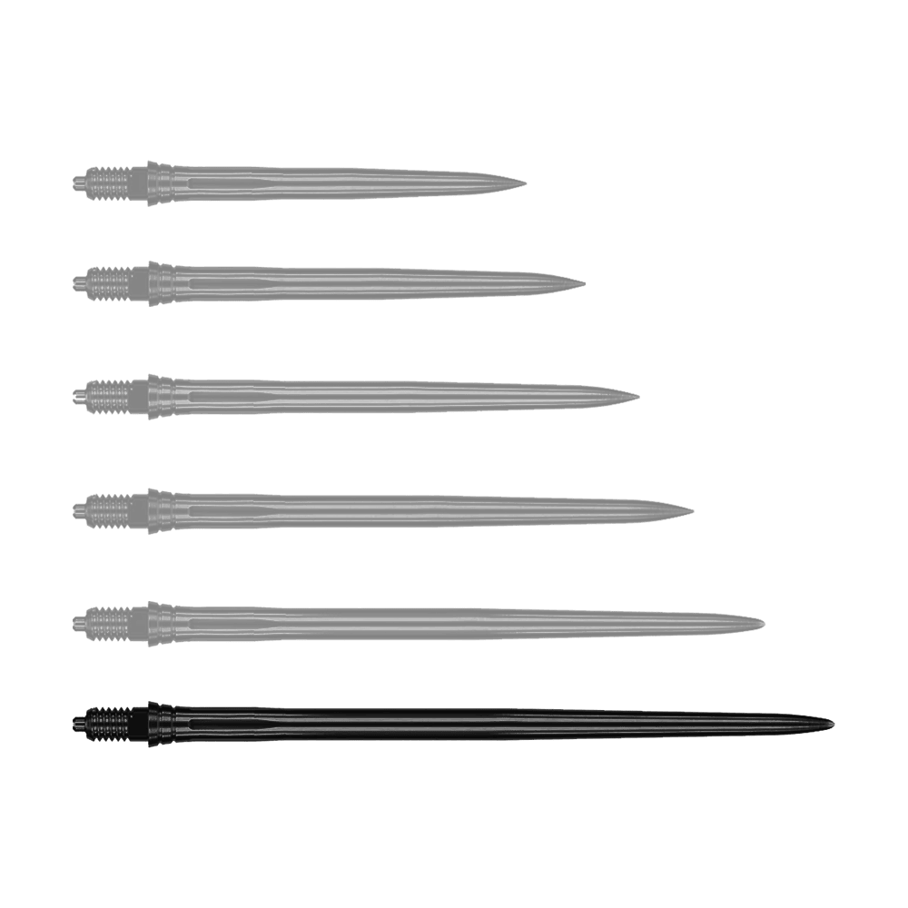 Puntas de dardo Caliburn EZ-EVO - Suaves - Negras Das Bild zeigt eine einzelne glatte Dartspitze in Schwarz mit 50mm Länge. Die Spitze eignet sich für elektronische Dartgeräte.