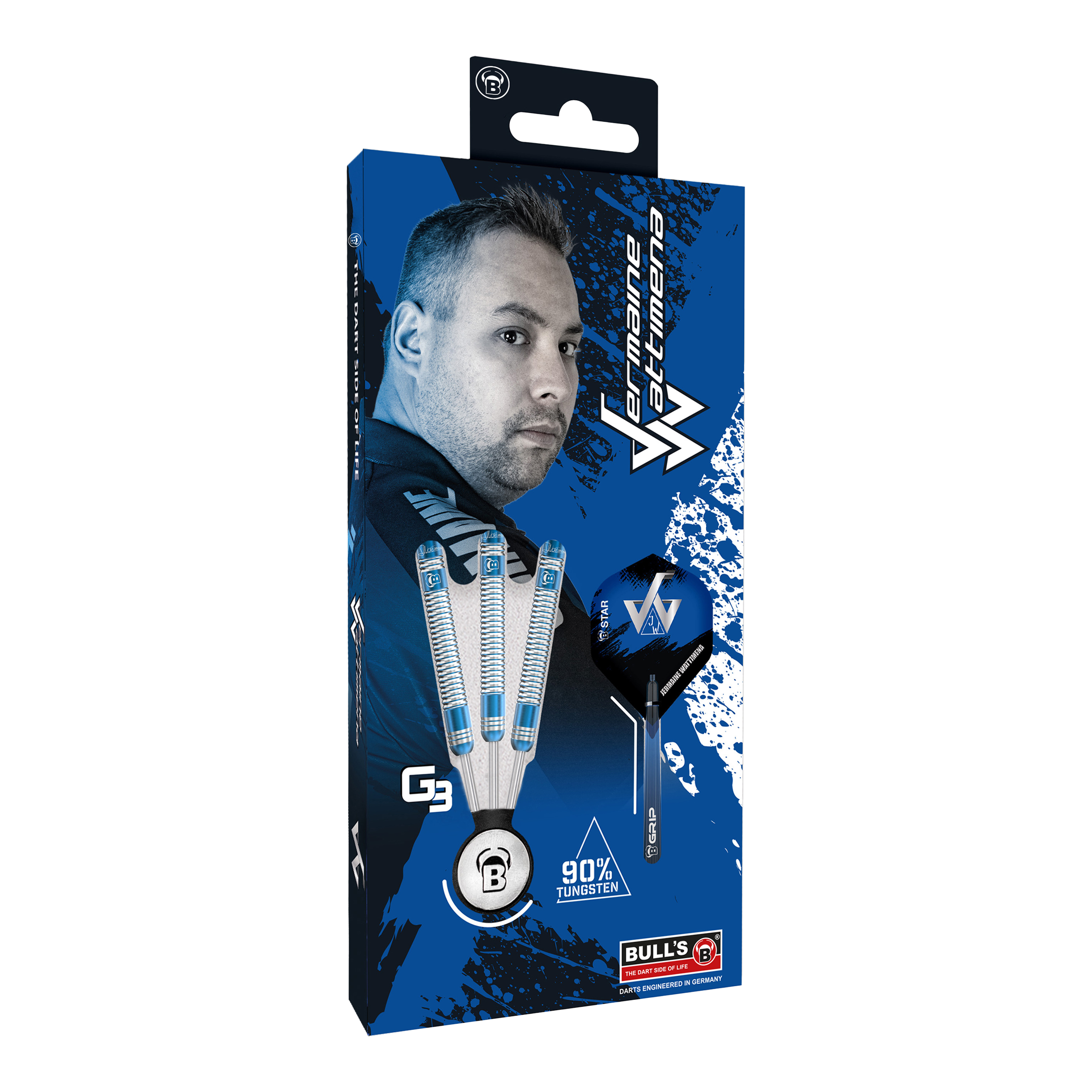 Dardos de acero Bulls Jermaine Wattimena Generation 3 Die Verpackung zeigt die Bulls Jermaine Wattimena Generation 3 Steeldarts mit 90% Tungsten. Auf der Vorderseite ist ein Bild von Jermaine Wattimena und die drei Darts abgebildet.