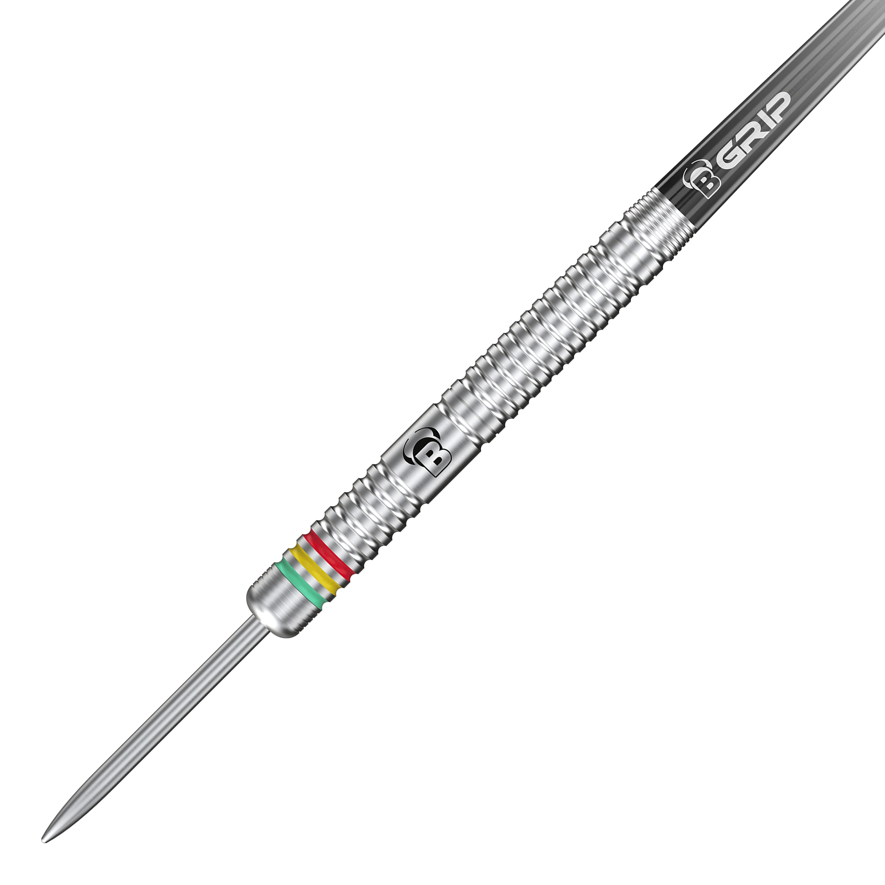 Dardos de acero Bulls Martijn Dragt - 24 g Das Bild zeigt einen silbernen Steeldart mit Rillen und bunten Ringen nahe der Spitze. Auf dem Dart steht "B GRIP" und es handelt sich um das Modell "Bulls Martijn Dragt Steeldarts - 24g".