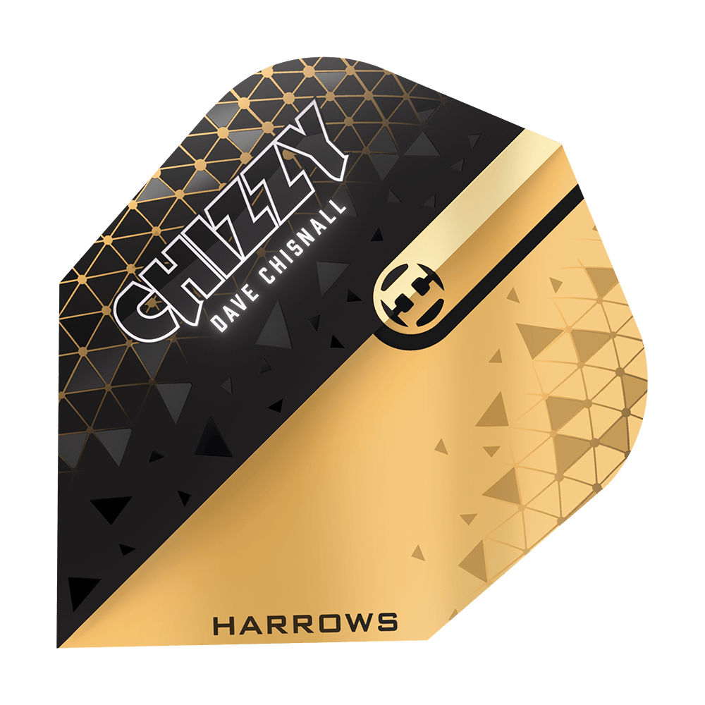 Harrows Prime Dave Chisnall Chizzy 2 No. 6 Vuelos Das Bild zeigt ein Dartflight-Design in Schwarz und Gold mit geometrischen Mustern. Auf dem Flight stehen die Namen "CHIZZY", "Dave Chisnall" und "HARROWS".