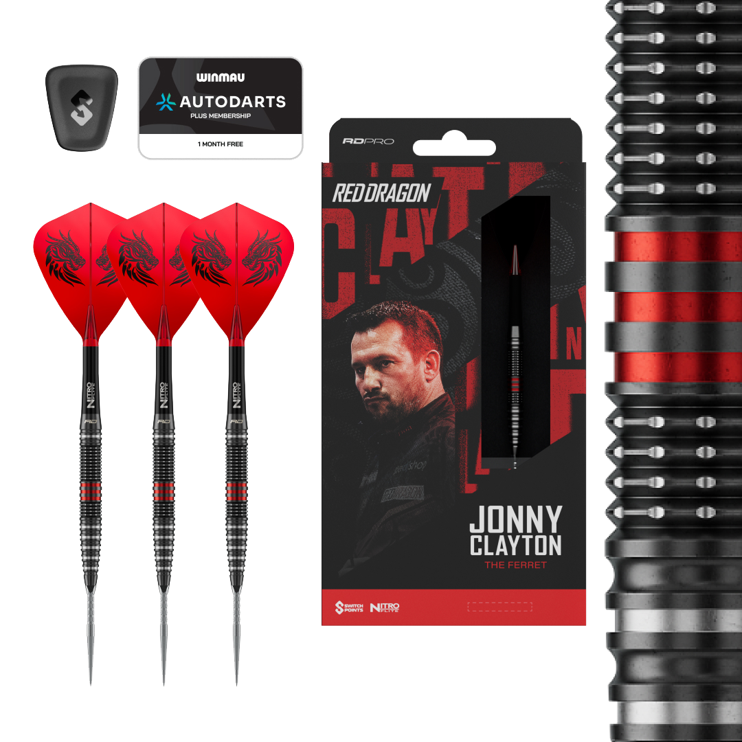Dieses Bild zeigt die Red Dragon Jonny Clayton RD-PRO Switch Point Steeldarts. Die Darts liegen auf einem hellen Hintergrund.