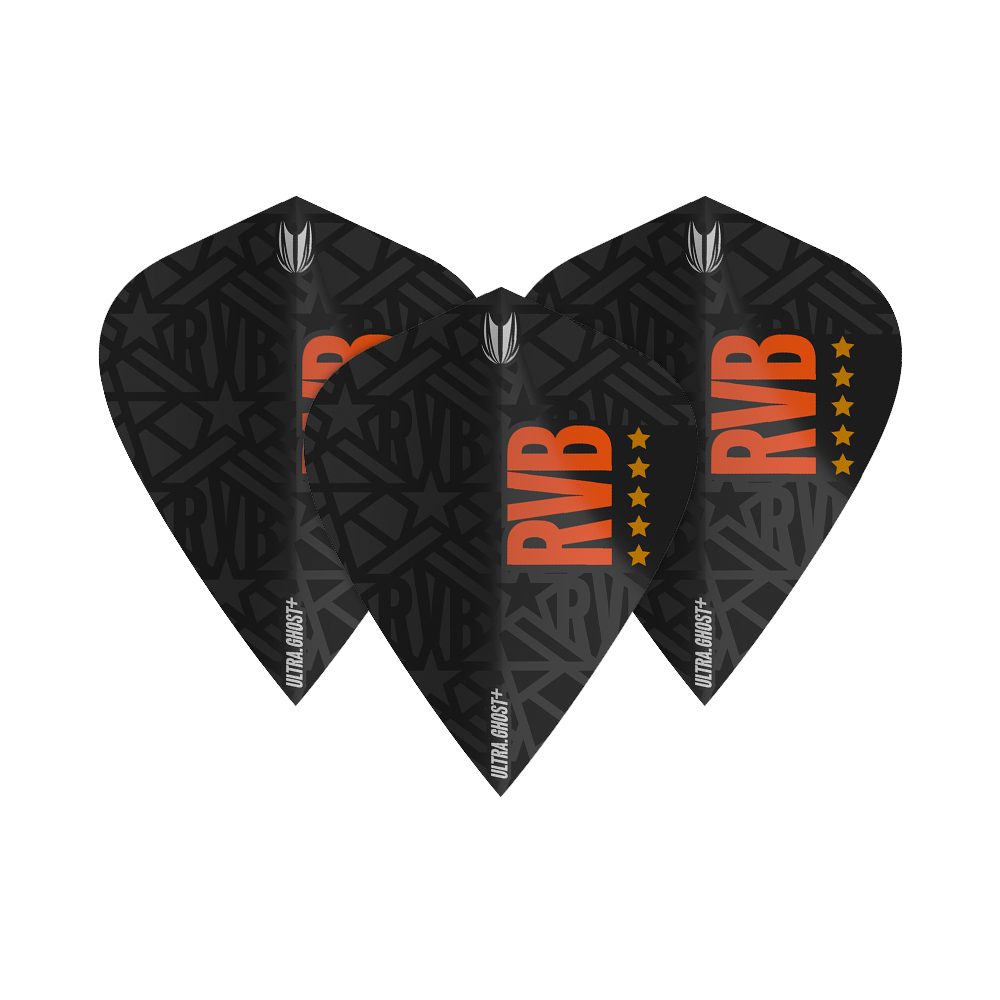 Vuelos de cometa Target UltraGhost Raymond Van Barneveld GEN2 Das Bild zeigt drei schwarze Dartflights mit dem Schriftzug "RVB" in orange und einem Muster im Hintergrund. Die Flights tragen zusätzlich die Aufschrift "ULTRA GHOST+" und sind mit fünf Sternen versehen.