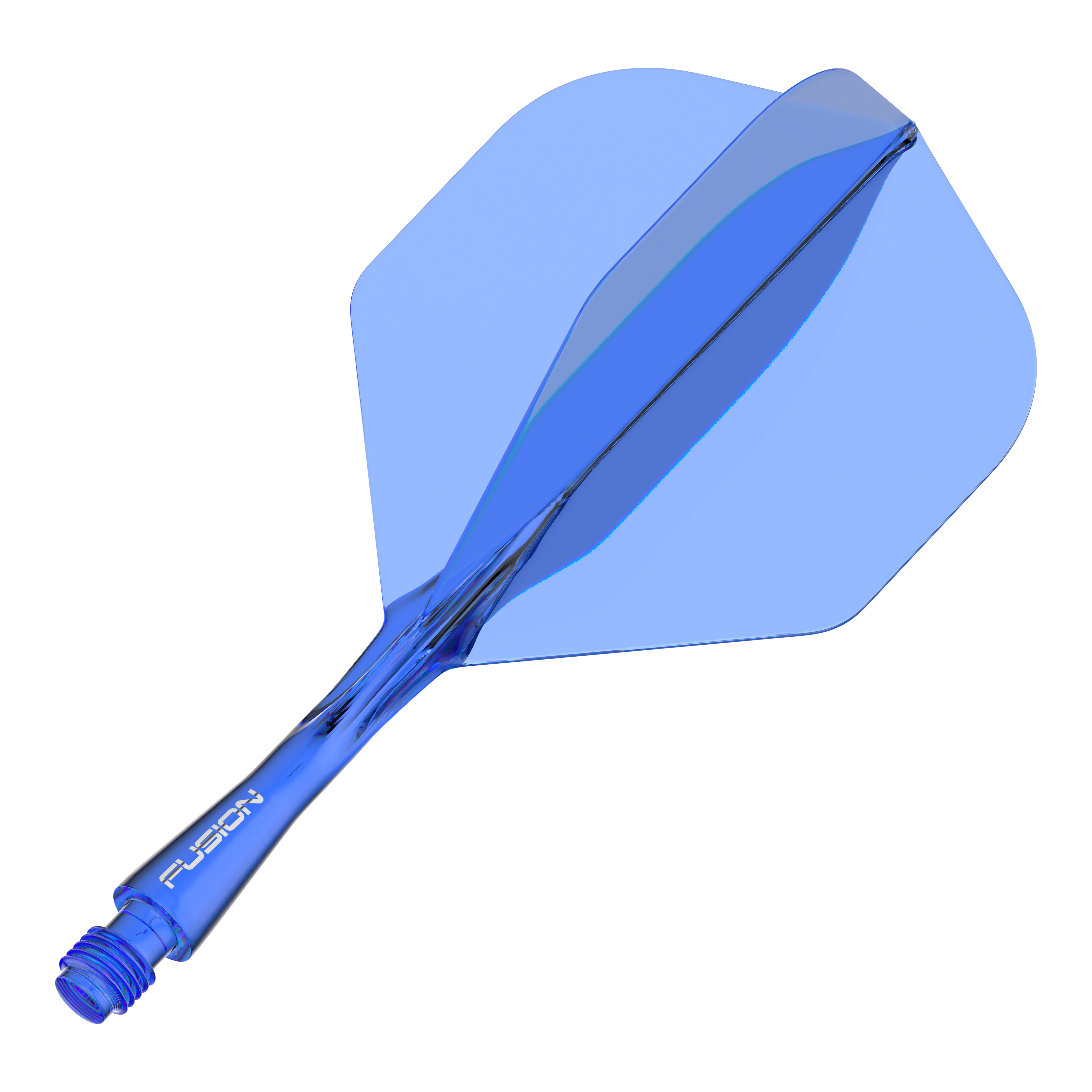 Sistema de eje de vuelo Winmau Fusion azul estándar Das Bild zeigt ein blaues Dart-Flightsystem mit integriertem Schaft. Auf dem Schaft steht das Wort "FUSION".