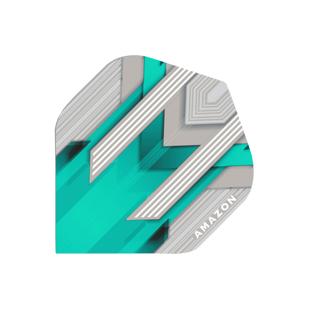 A35-Amazon-Flights-No2-Aqua Das Bild zeigt das Produkt "Amazon Silver No.2 Aqua Flights". Die Flights haben ein modernes Design in Silber und Aqua mit weißen Linien und dem Schriftzug "AMAZON" in der Ecke.