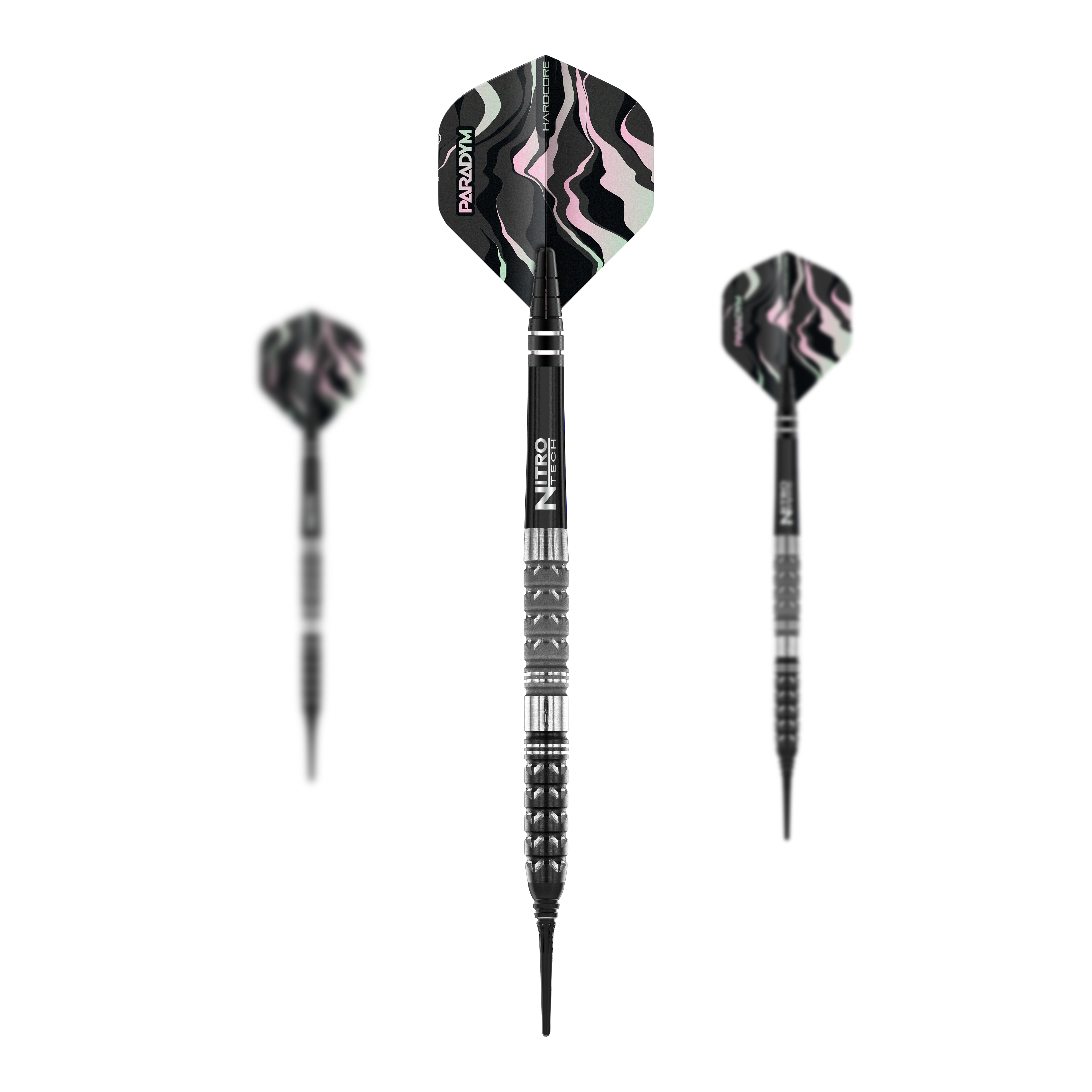 Dardos blandos cónicos Red Dragon Paradym - 20 g Das Bild zeigt drei Red Dragon Paradym Tapered Softdarts mit einem Gewicht von 20g. Die Flügel der Darts haben ein auffälliges schwarzes, pinkes und weißes Muster.