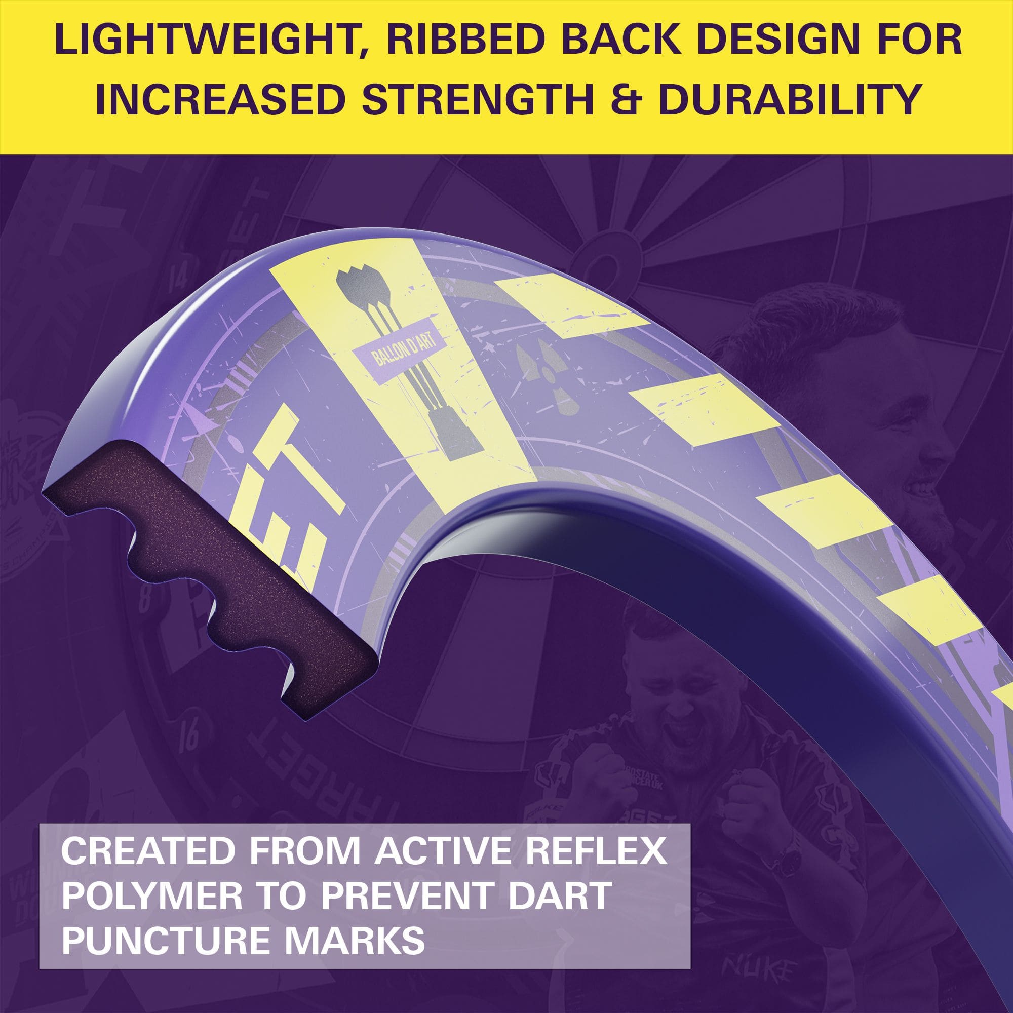 Paquete de diana de dardos de acero con forma de objetivo envolvente, campeón mundial Luke Littler 2025 Das Bild zeigt ein Detail des "Target Luke Littler World Champion 2025 Surround Tor Steeldartboard Bundle". Es hebt das leichte, gerippte Rückendesign und das spezielle Polymer hervor, das vor Dart-Einstichstellen schützt.