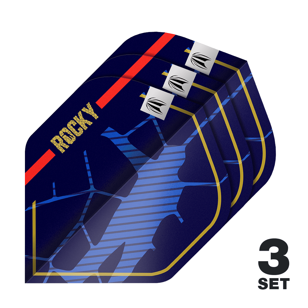 Target Pro Ultra Josh Rock GEN1 No2 Vuelos Estándar - 3 Juegos Das Bild zeigt drei Sätze dunkler Dartflights mit dem Schriftzug "ROCKY" und einem auffälligen blauen Muster. In der rechten unteren Ecke steht die Aufschrift "3 SET".