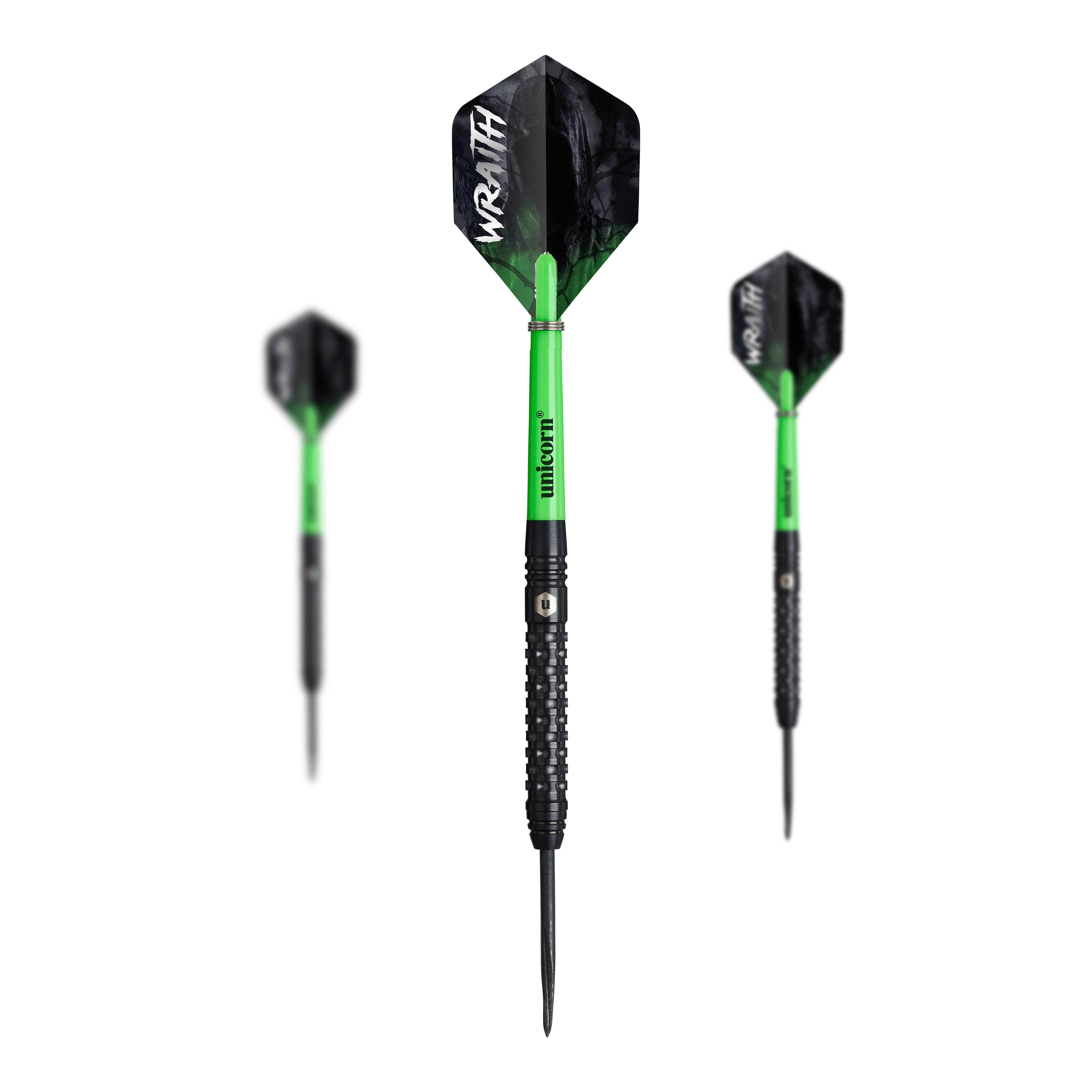 dardos de acero Unicorn Wraith Auf dem Bild sind drei Unicorn Wraith Steeldarts zu sehen. Die Darts haben schwarze Spitzen, grüne Schäfte und schwarze Flights mit der Aufschrift "WRAITH".