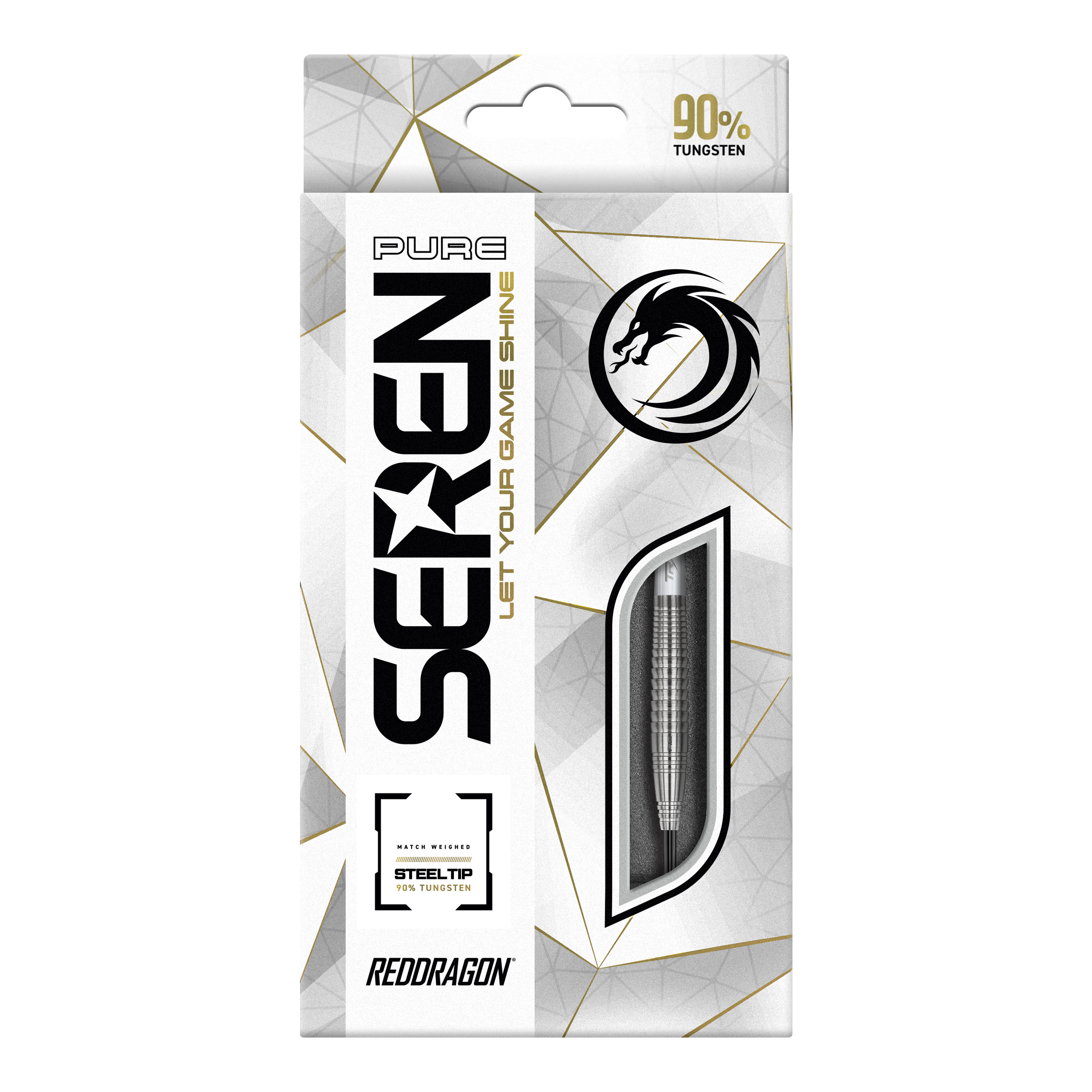 Red Dragon Seren 4 Dardos de Acero Puro Die Verpackung zeigt die „Red Dragon Seren 4 Pure Steeldarts“. Die Darts bestehen zu 90 % aus Tungsten und haben eine Stahlspitze.