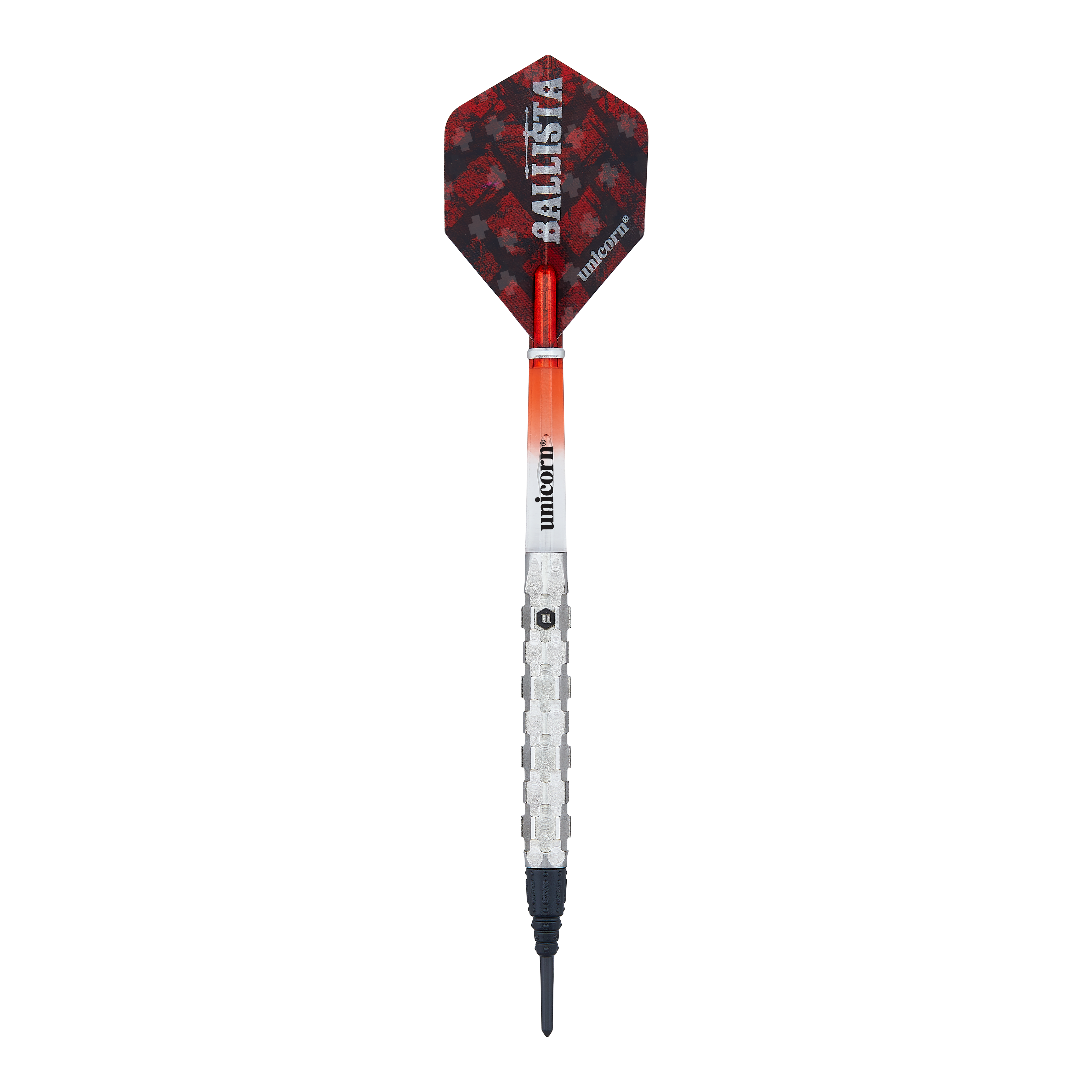 Dardos blandos Unicorn Ballista Style 1 Das Bild zeigt einen Softdartpfeil des Produkts "Unicorn Ballista Style 1 Softdarts". Der Pfeil hat einen silbernen Schaft, eine schwarze Spitze und ein rot-schwarzes Flight mit der Aufschrift "BALLISTA".