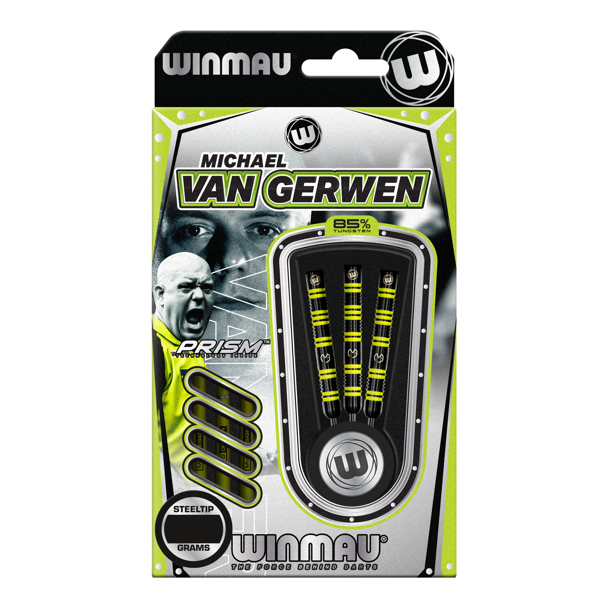 Dardos de acero Winmau Michael Van Gerwen 85 Pro-Series Das Bild zeigt eine Packung Winmau Michael Van Gerwen 85 Pro-Series Steeldarts. In der Verpackung sind drei Dartpfeile mit gelb-schwarzem Design sichtbar.