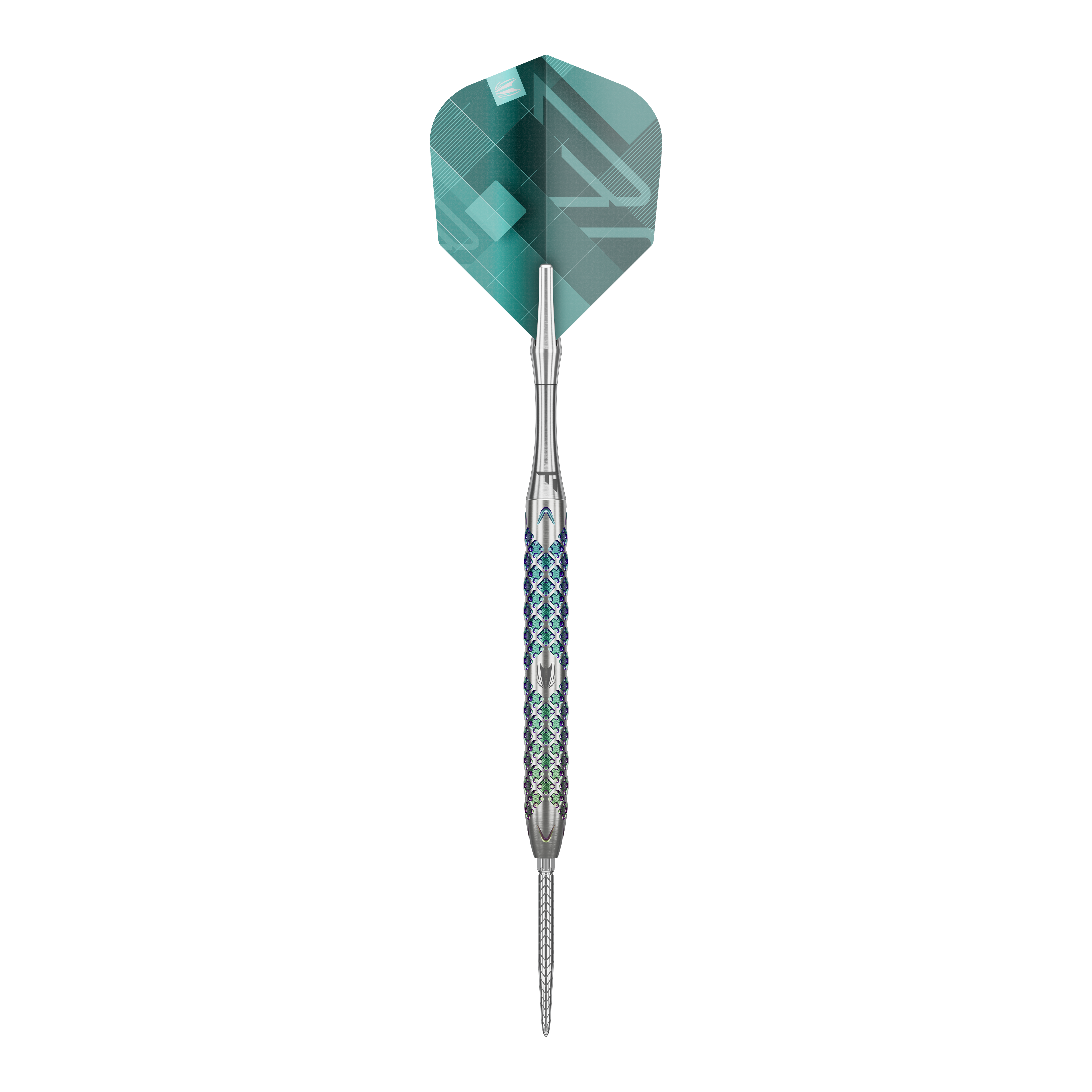 Dardos de acero Target Rove 01 Swiss Point Das Bild zeigt den Target Rove 01 Swiss Point Steeldart. Der Dart hat ein silbernes Barrel mit einem blauen Muster und grüne Flights.