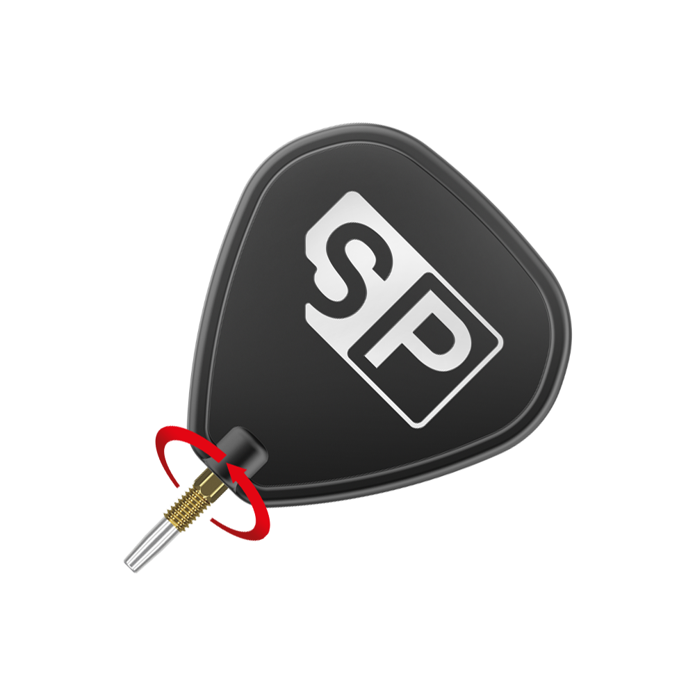Puntas de dardos Target Swiss Point Gold Das Bild zeigt eine schwarze Dart-Flügel mit den weißen Buchstaben "SP" darauf. Unten ist eine goldene Dartspitze mit einem roten Pfeil, der eine Drehbewegung anzeigt.