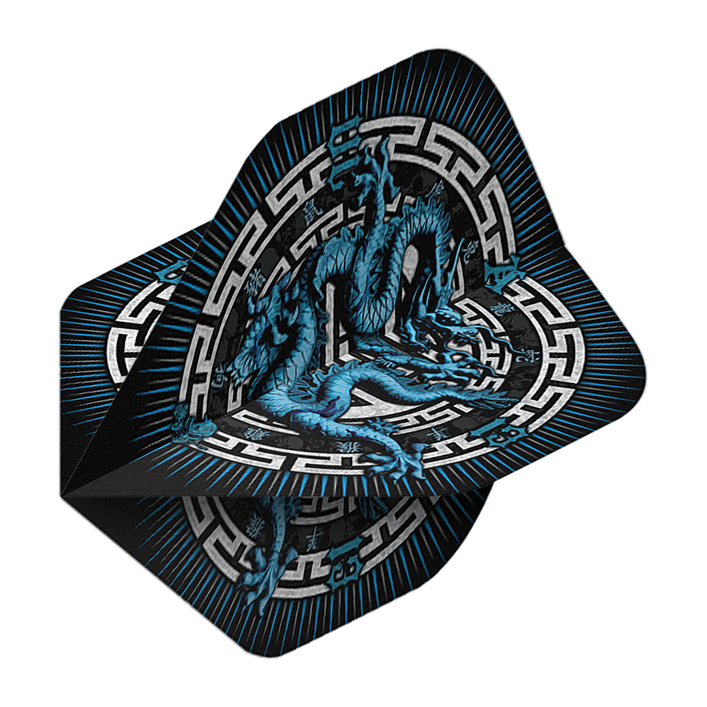 Vuelos estándar n.° 2 del Año del Dragón de Alchemy Dieses Bild zeigt die "Alchemy Year Of The Dragon No2 Standard Flights". Auf den Flights ist ein blauer Drache mit asiatischem Muster auf schwarzem Hintergrund abgebildet.