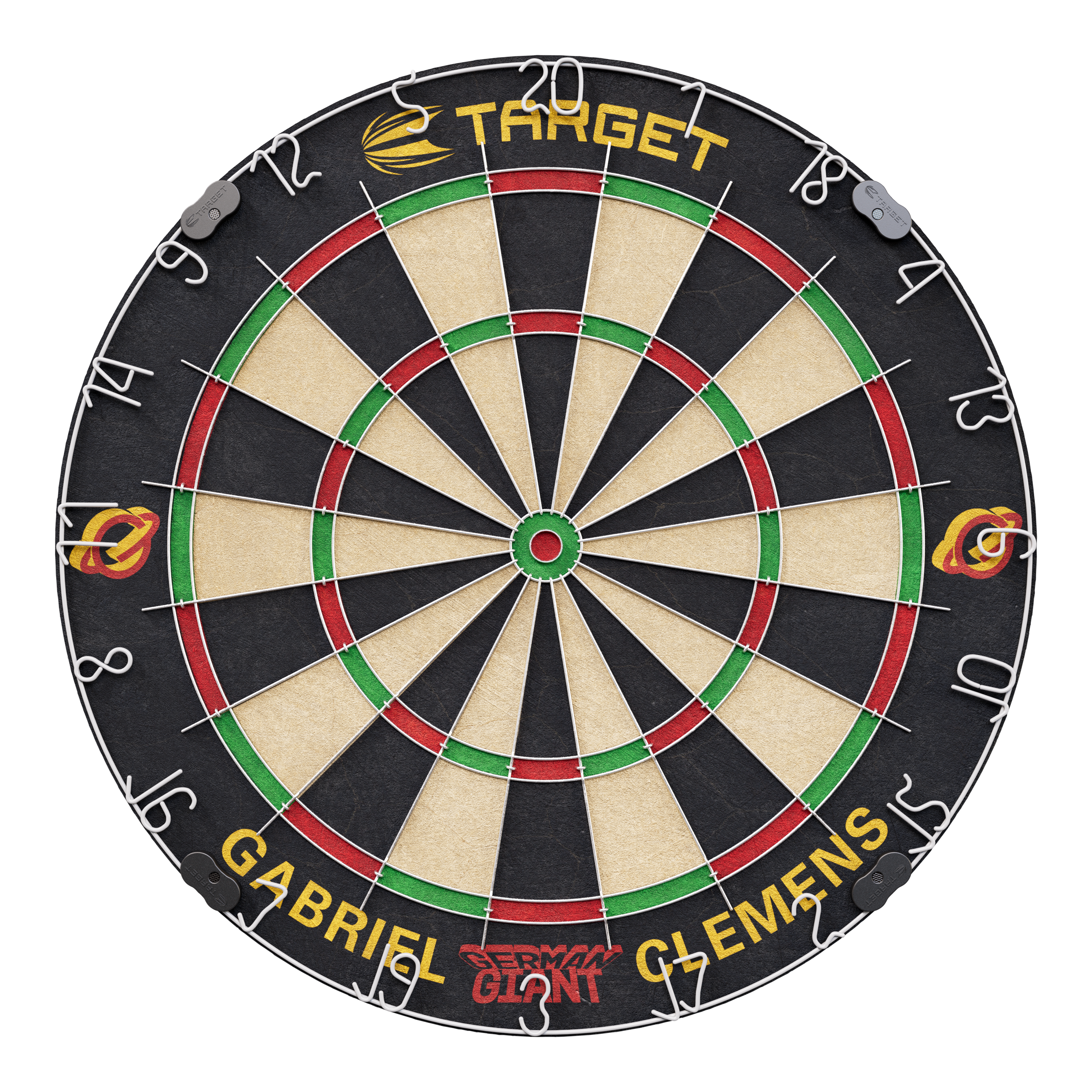 Juego de dardos de acero Target Gabriel Clemens Dies ist eine Steeldartscheibe mit dem Namen "Target Gabriel Clemens Steeldartboard Set". Auf der unteren Seite sind die Wörter "Gabriel Clemens" und "German Giant" zu sehen.
