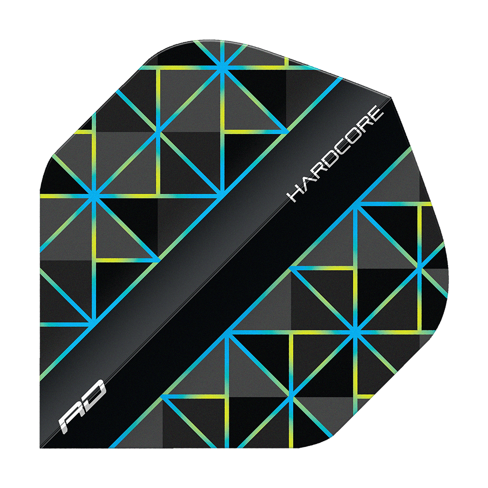 Das Bild zeigt ein Dartflight mit geometrischem Muster in Blau, Gelb und Schwarz. Auf dem Flight steht das Wort "HARDCORE" und unten links ist das Logo "RD" zu sehen.