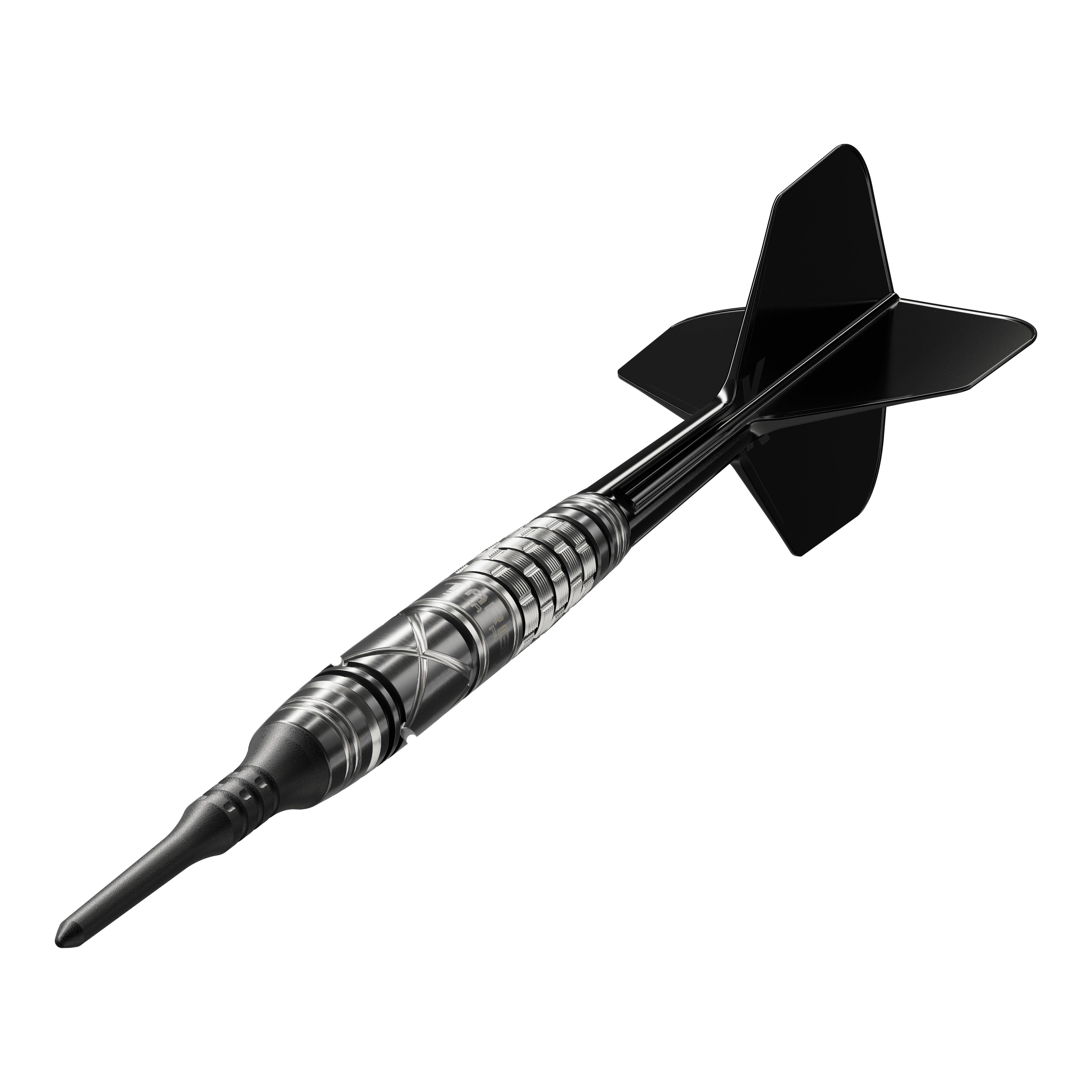 Dardos blandos Target Japan Black Marque Chaos 2 - 19 g Das Bild zeigt einen Target Japan Black Marque Chaos 2 Softdart mit einem Gewicht von 19 Gramm. Der Dartpfeil ist schwarz-silbern gestaltet und hat ein modernes, stilvolles Design.