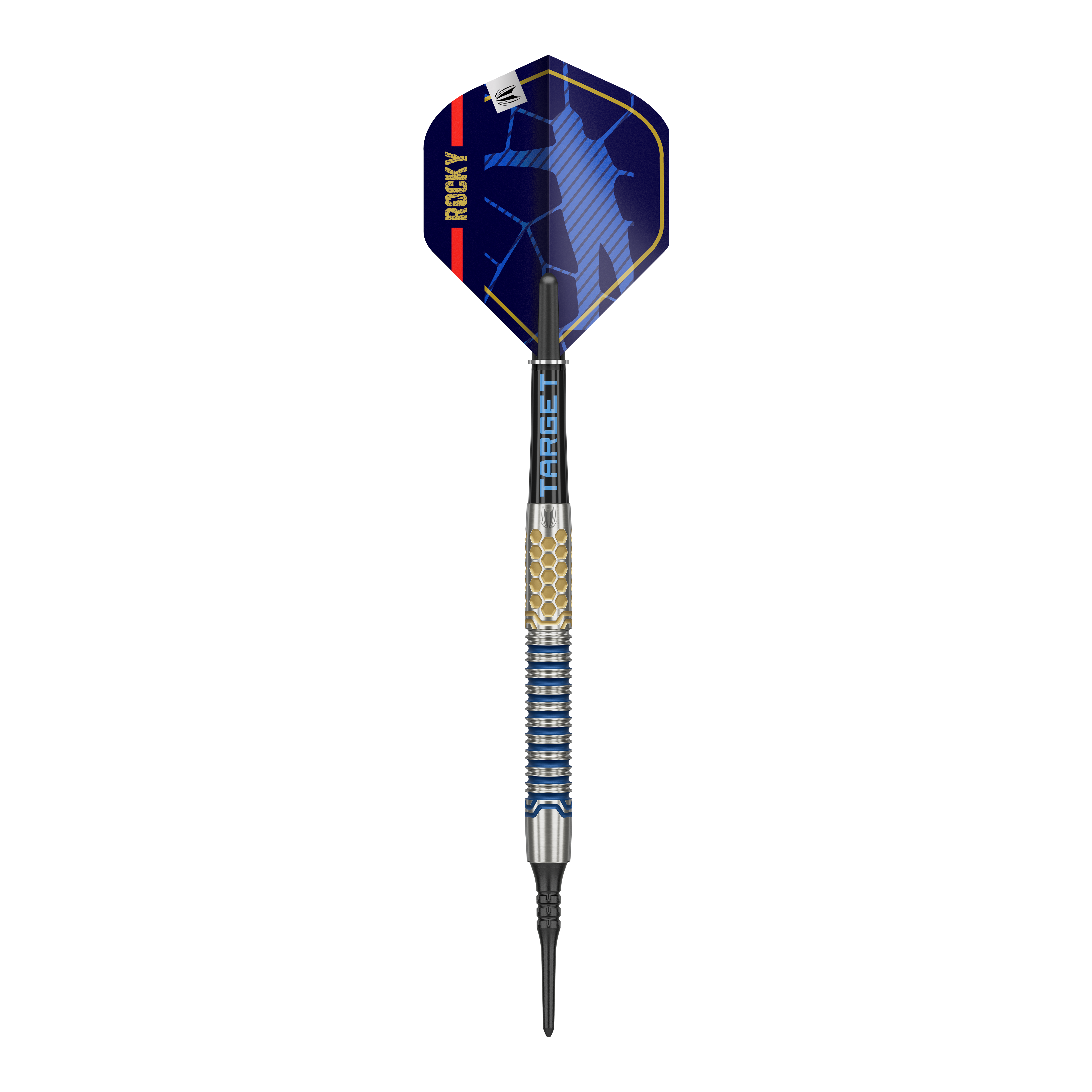 Dardos blandos Target Josh Rock GEN1 - 20 g Das Bild zeigt einen Target Josh Rock GEN1 Softdart mit einem Gewicht von 20g. Der Dartpfeil hat ein modernes Design mit blauen und goldenen Akzenten.