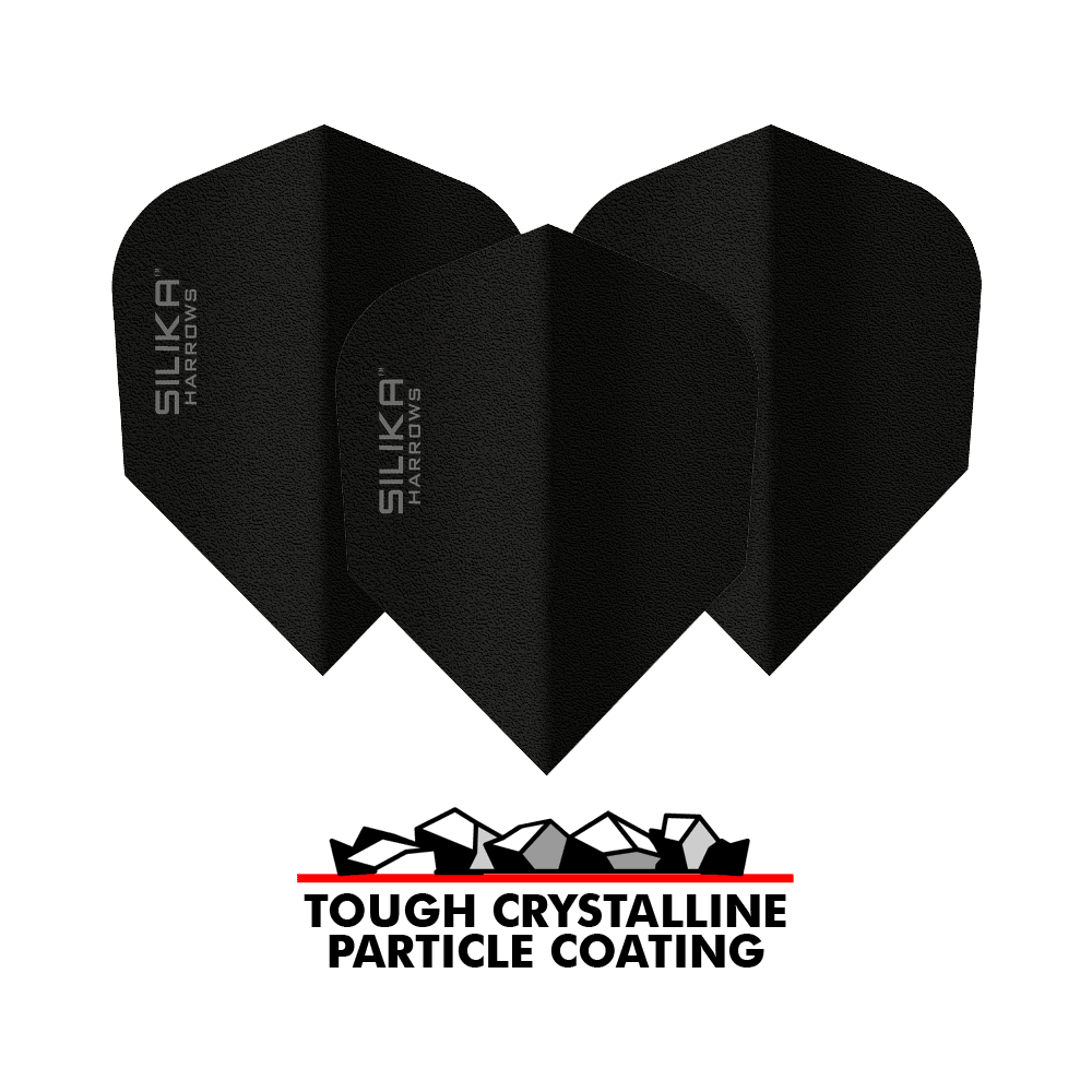 Vuelo negro No6 con revestimiento cristalino resistente sólido de sílice de Harrows Das Bild zeigt drei schwarze Dart-Flights der Marke Harrows Silika mit der Aufschrift "SILIKA HARROWS". Unter den Flights befindet sich ein Logo mit der Aufschrift "TOUGH CRYSTALLINE PARTICLE COATING".