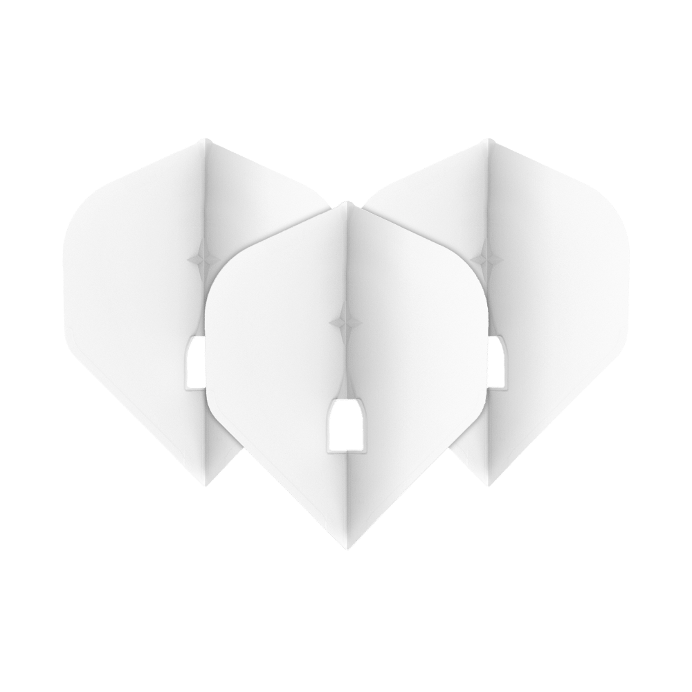 L-Style Champagne L1PRO Flights Das Bild zeigt drei weiße Dart-Flights, die nebeneinander angeordnet sind. Sie haben eine klassische, leicht abgerundete Form und einen kleinen Ausschnitt in der Mitte unten.