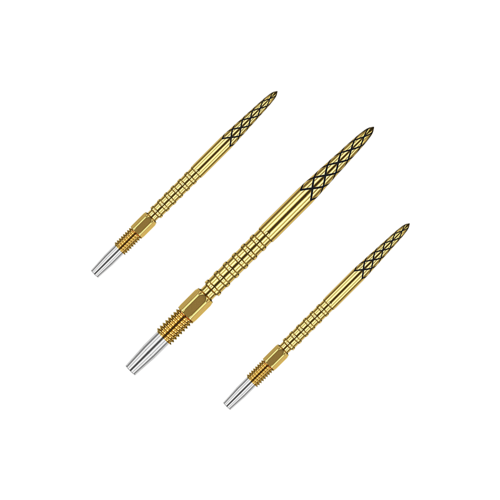 Puntas de dardo Target Swiss DS Surge Point - Oro Das Bild zeigt drei goldene Dartspitzen mit silbernen Enden. Die Spitzen haben ein Rautenmuster und sind 30 mm lang.