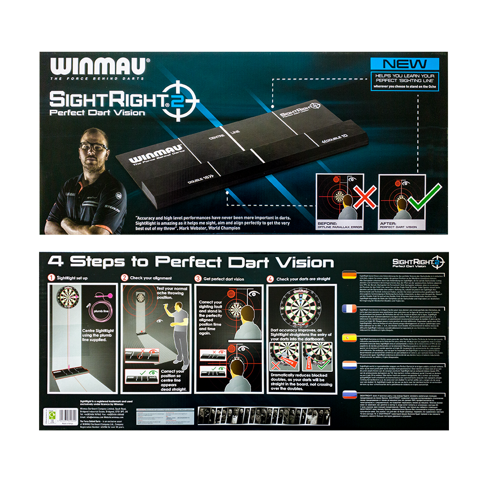 8207_Winmau_SightRight2_3 Das Bild zeigt die Verpackung des Produkts "Winmau SightRight 2" zur Verbesserung der Dart-Genauigkeit. Auf der Rückseite werden vier Schritte zur perfekten Dart-Sicht erklärt.