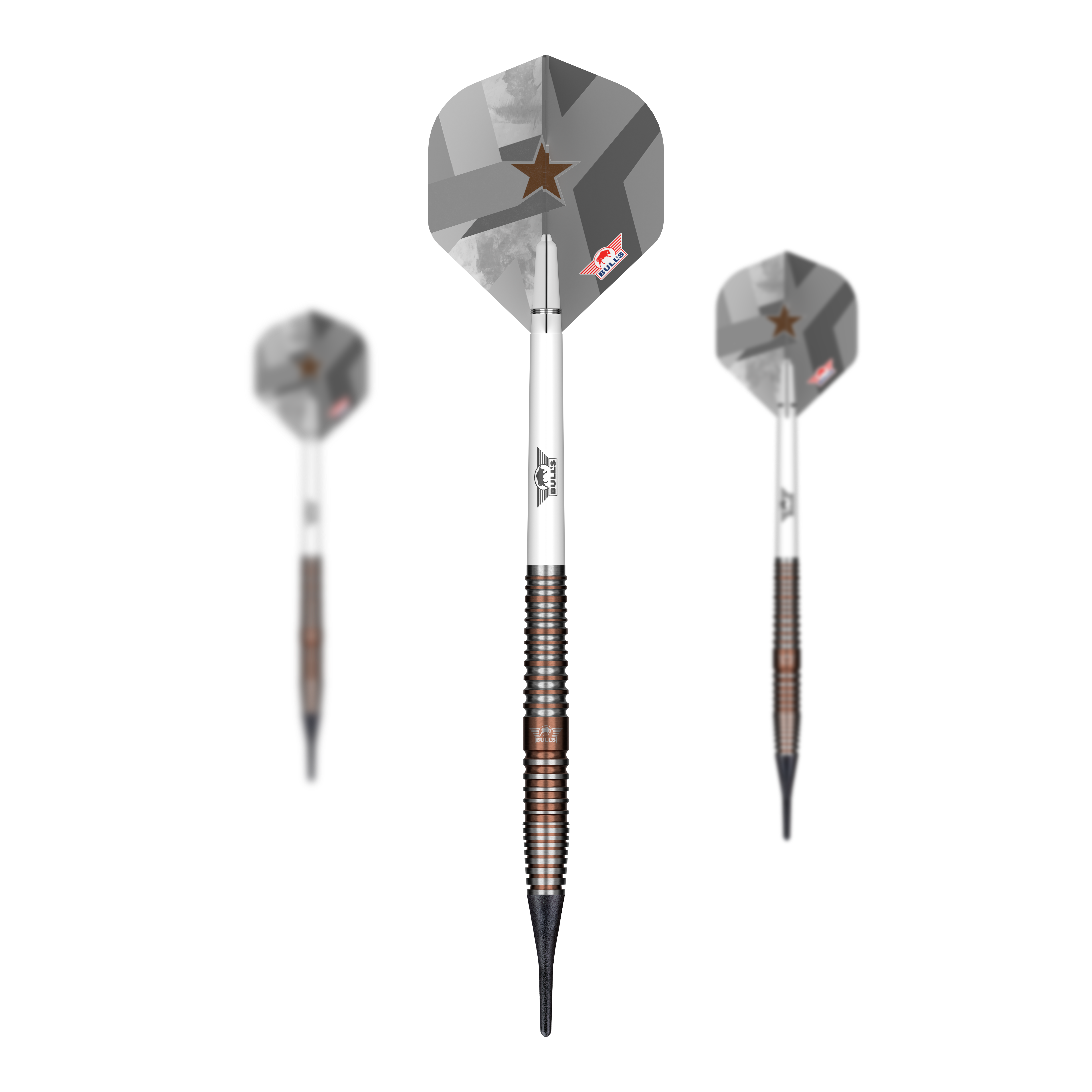 Das Bild zeigt die Bulls NL Max Hopp E5 Softdarts mit einem Gewicht von 20g. Diese Softdarts sind speziell für präzises Dartspiel entwickelt.