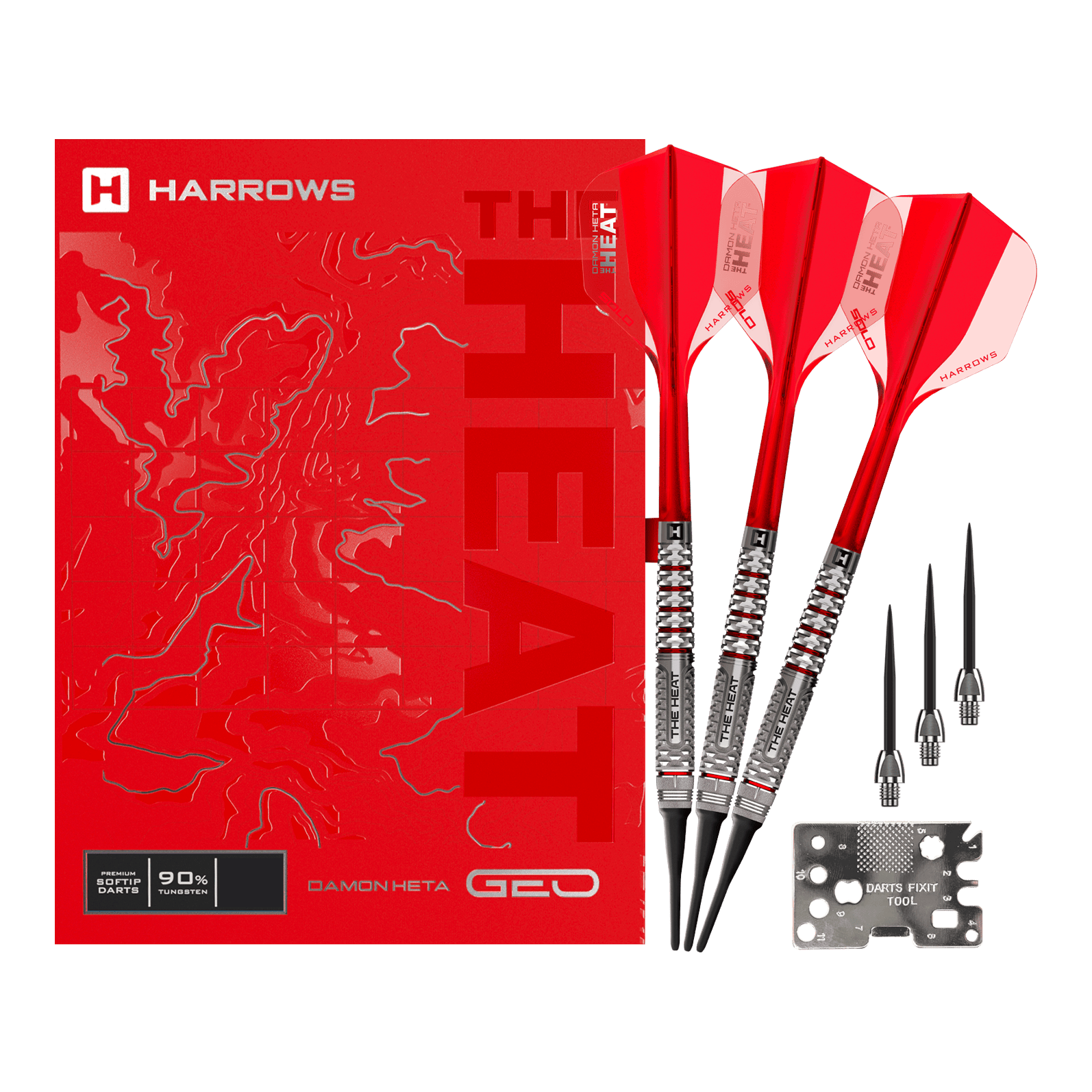 Harrows Damon Heta Geo Softdarts - 18g Harrows Damon Heta Geo Softdarts mit 18g werden im Komplettset präsentiert. Das Set ist vollständig arrangiert.