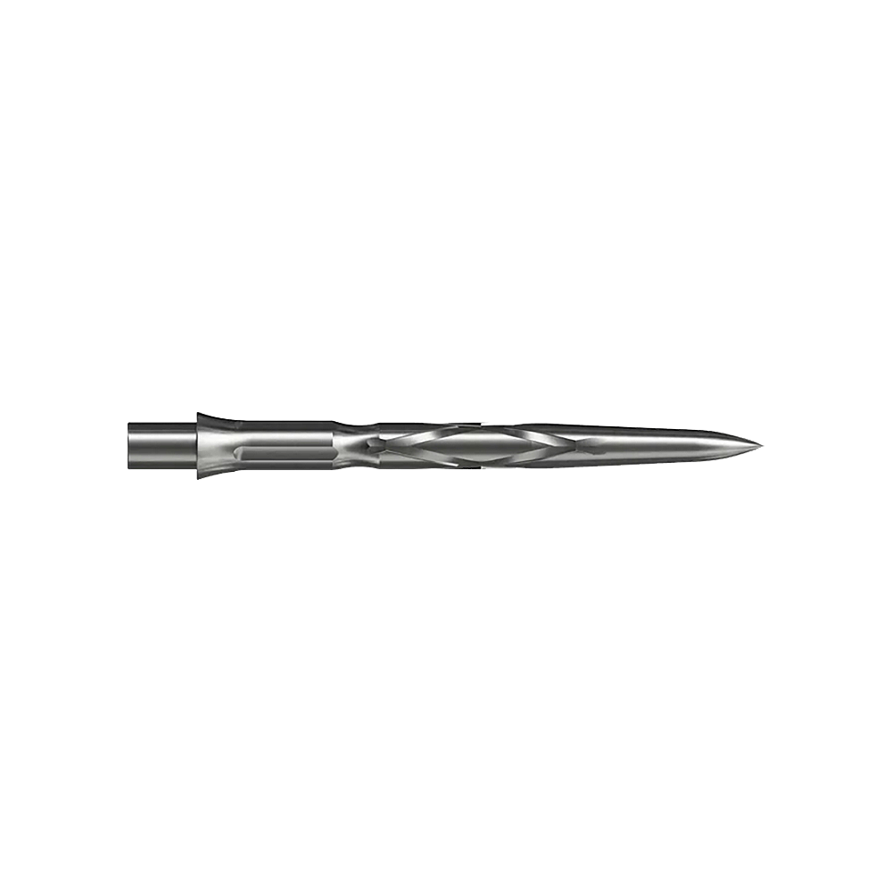 Puntas de dardos de acero Caliburn System - HAN G2 - Plata Auf dem Bild ist eine silberne Steeldartspitze mit einem spiralförmigen Muster zu sehen. Sie ist schmal und hat eine spitz zulaufende Form.