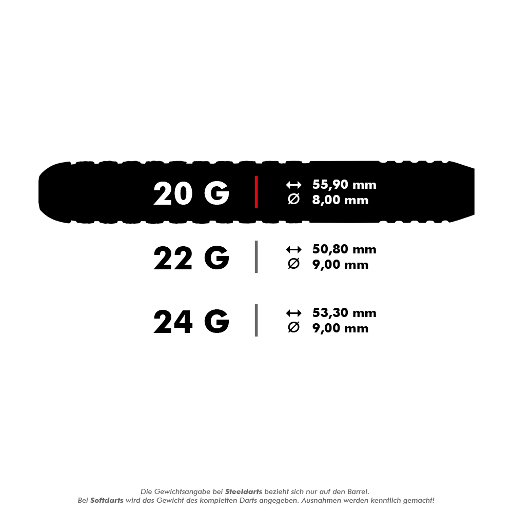 2302_Winmau_Barbarian_Tungsten_Style_Steeldarts_5_20g0xH1lcTfMvfHH Das Bild zeigt verschiedene Größen der Winmau Barbarian Tungsten Style Steeldarts. Es sind Daten zu Gewicht, Länge und Durchmesser der Darts für 20 g, 22 g und 24 g angegeben.