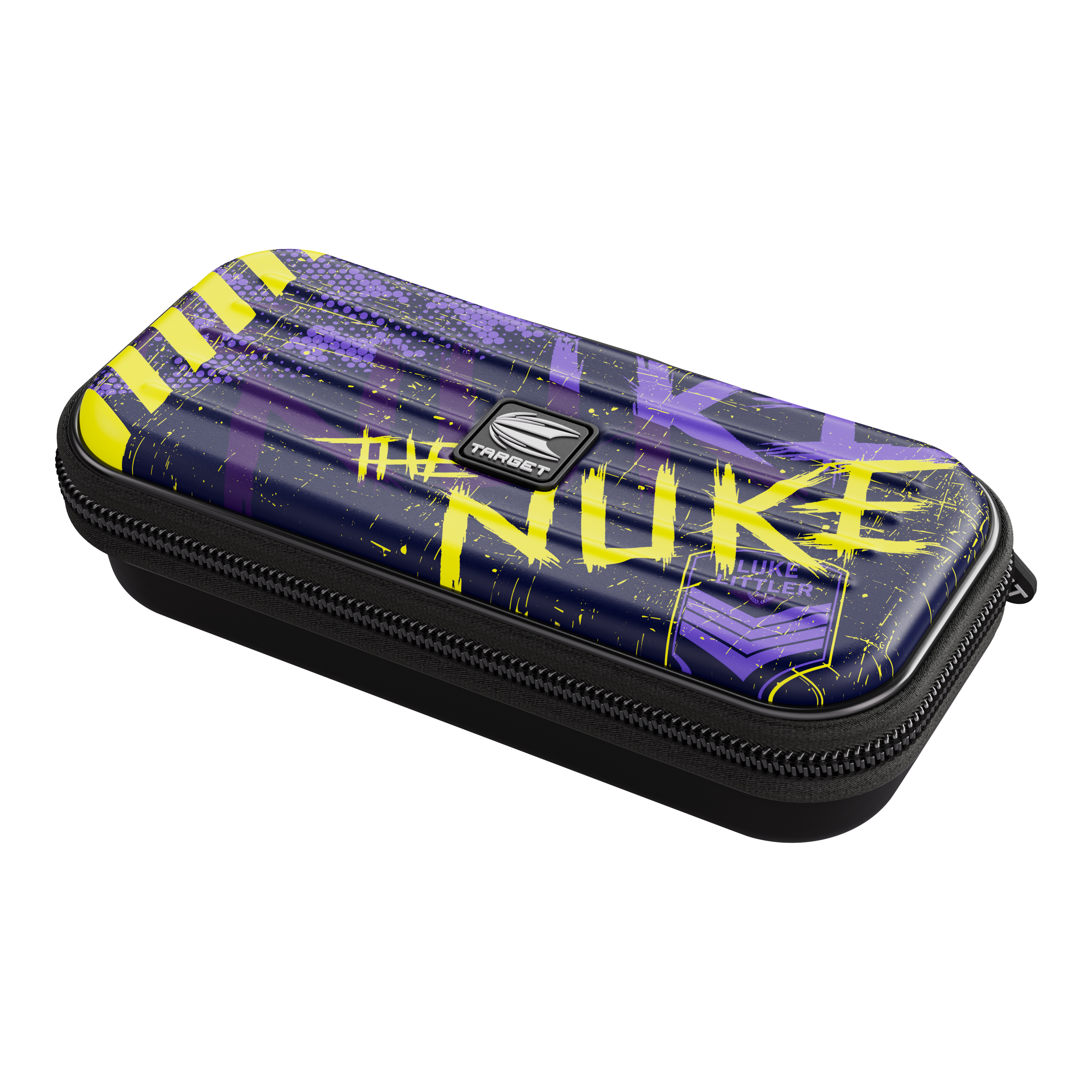 Estuche para dardos Target Takoma Luke Littler Das Bild zeigt das Dartcase "Target Takoma Luke Littler" in dunklem Design mit gelben und violetten Akzenten. Auf dem Etui steht auffällig das Wort "NUKE" sowie der Name "Luke Littler".