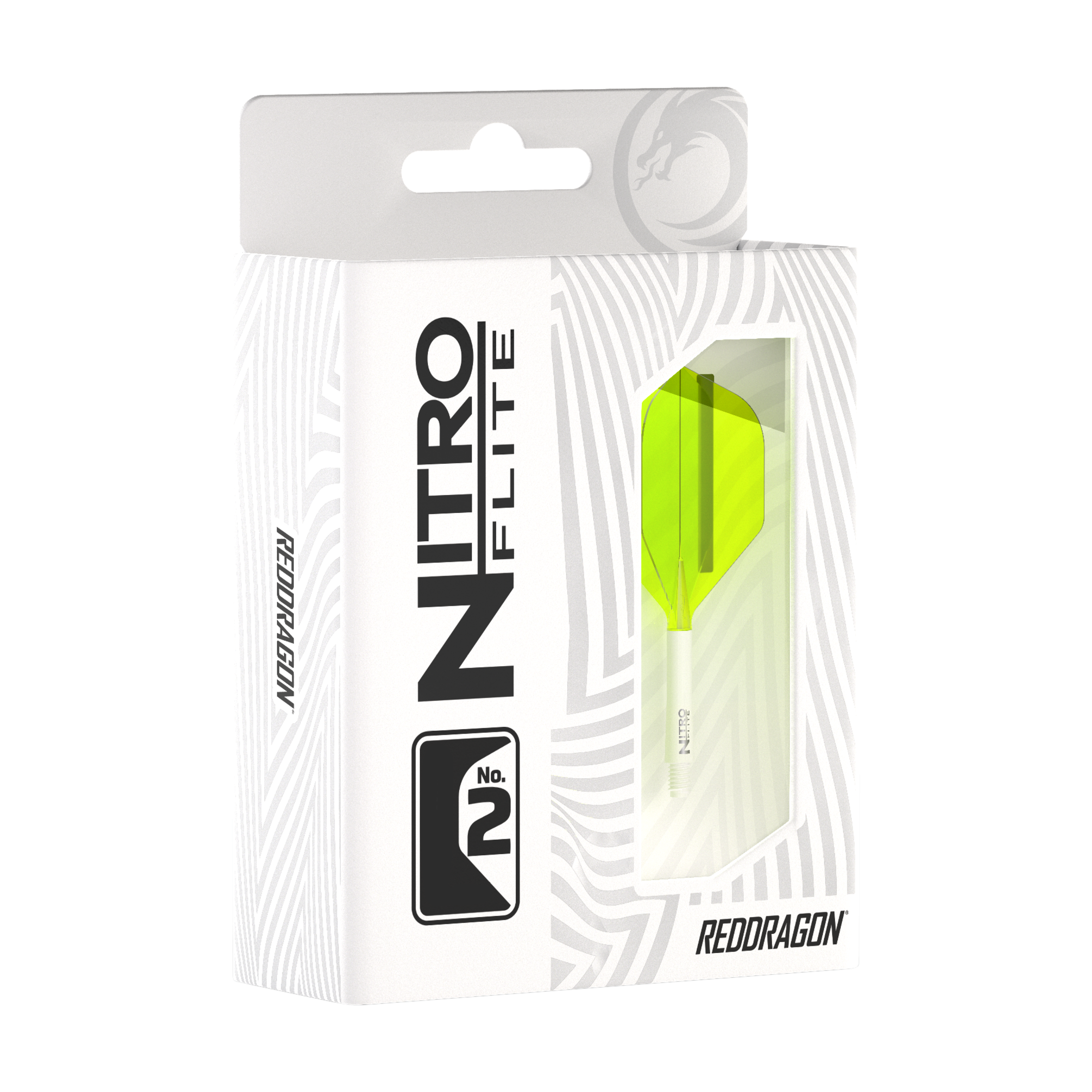 Red Dragon Nitroflite - Eje blanco, plumas amarillas nº 2 Die Abbildung zeigt eine Verpackung des Produkts "Red Dragon Nitroflite - White Shaft Yellow No2 Flights". In der Schachtel ist ein gelber Dart-Flügel mit weißem Schaft sichtbar.