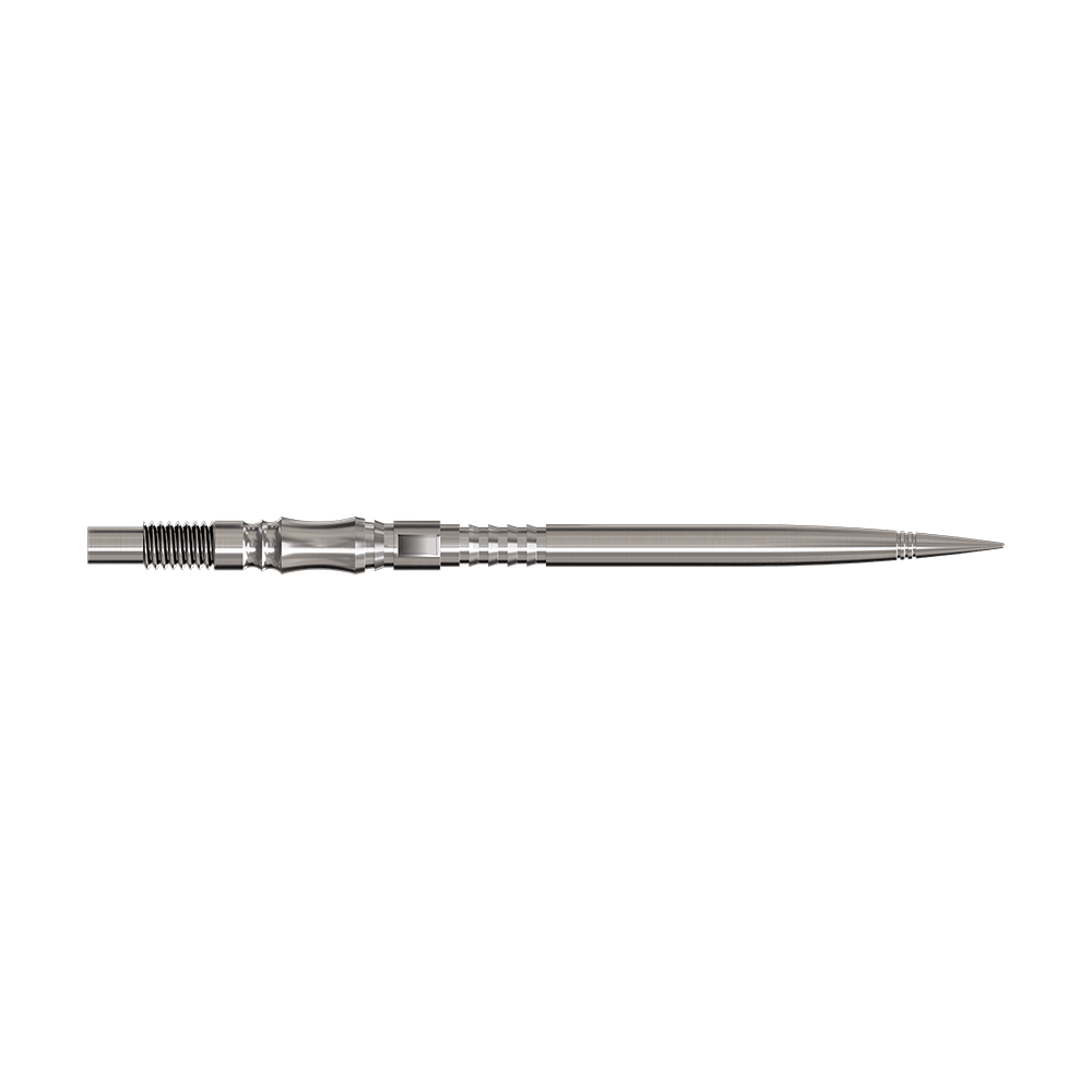 Harrows Quick Point Axis Elite Series Dartspitzen - Silber Axis Silver Elite Serie Dartspitzen in 40mm Länge werden gezeigt. Sie sind silberfarben und fein gearbeitet.