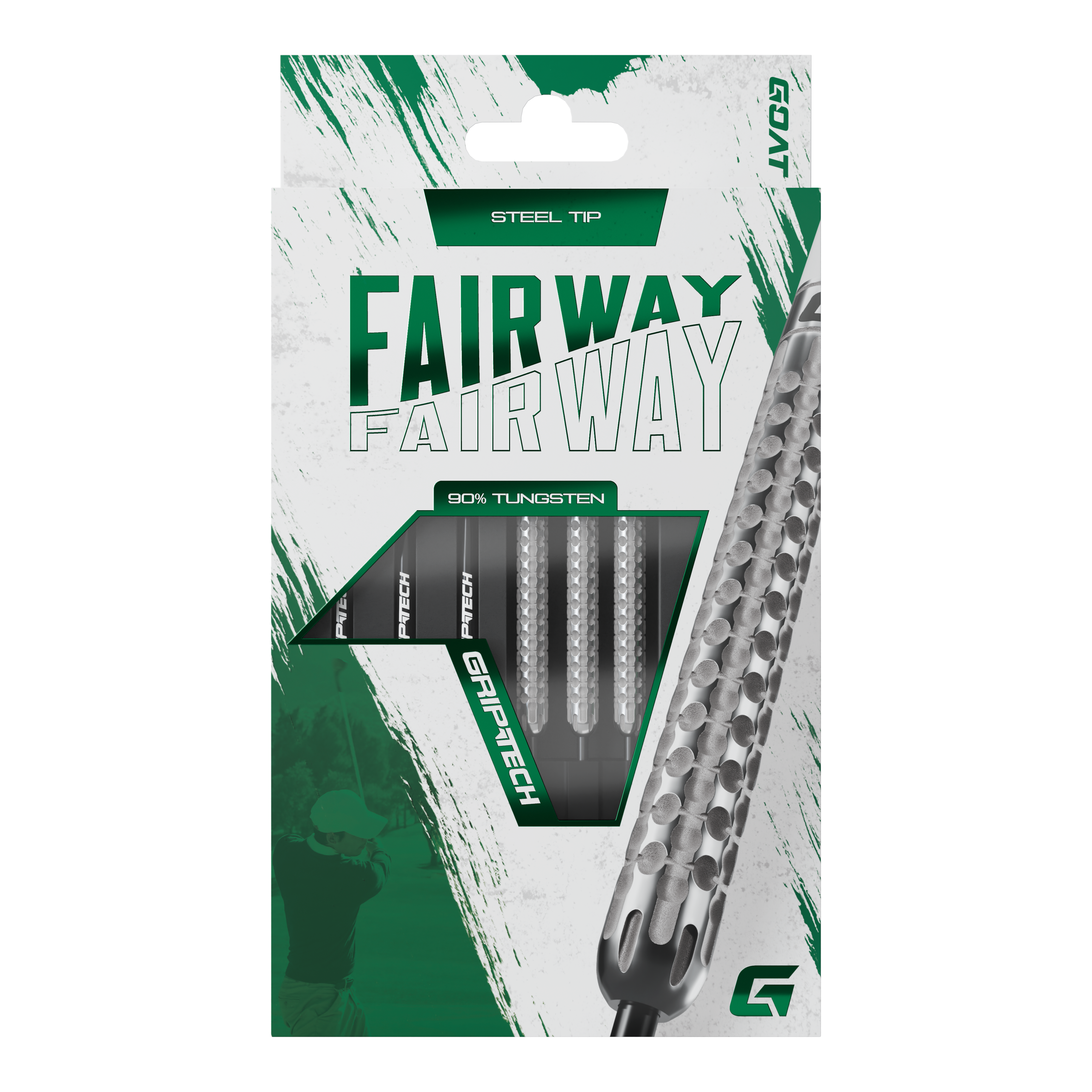 Dardos de acero de tungsteno GOAT Fairway V1 Die Abbildung zeigt eine Verpackung der GOAT Fairway V1 Tungsten Steeldarts. Die Darts haben eine Stahlspitze und bestehen zu 90% aus Tungsten.