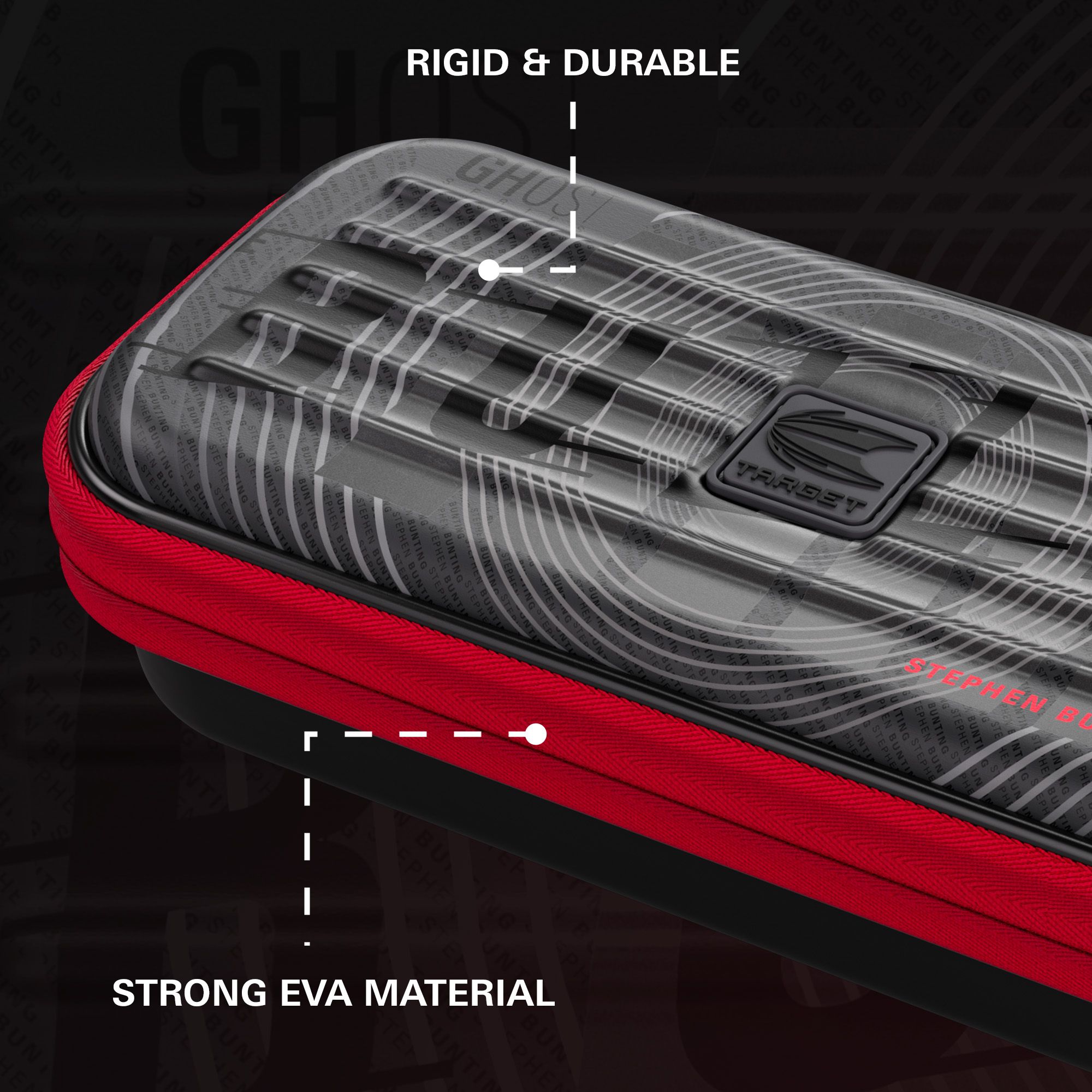 Estuche para dardos Takoma Ghost Series de Stephen Bunting Auf dem Bild ist das Takoma Ghost Series Stephen Bunting Dartcase zu sehen. Es ist eine Schutztasche für Darts mit dem Design von Stephen Bunting.