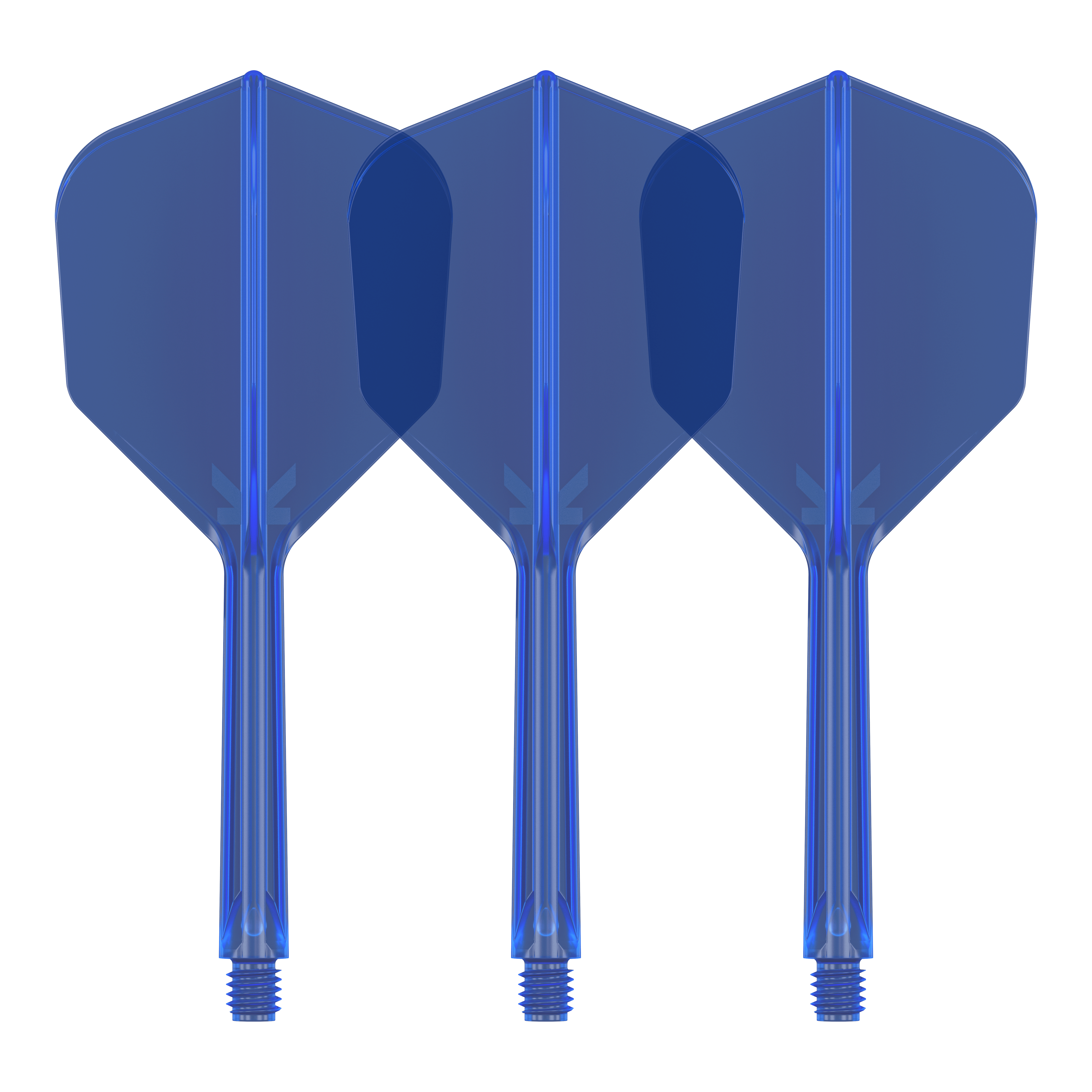 Sistema de vuelo Target K-Flex No6 - Azul Das Bild zeigt drei blaue Dart-Flights mit Schäften. Sie stehen nebeneinander und sind identisch gestaltet.