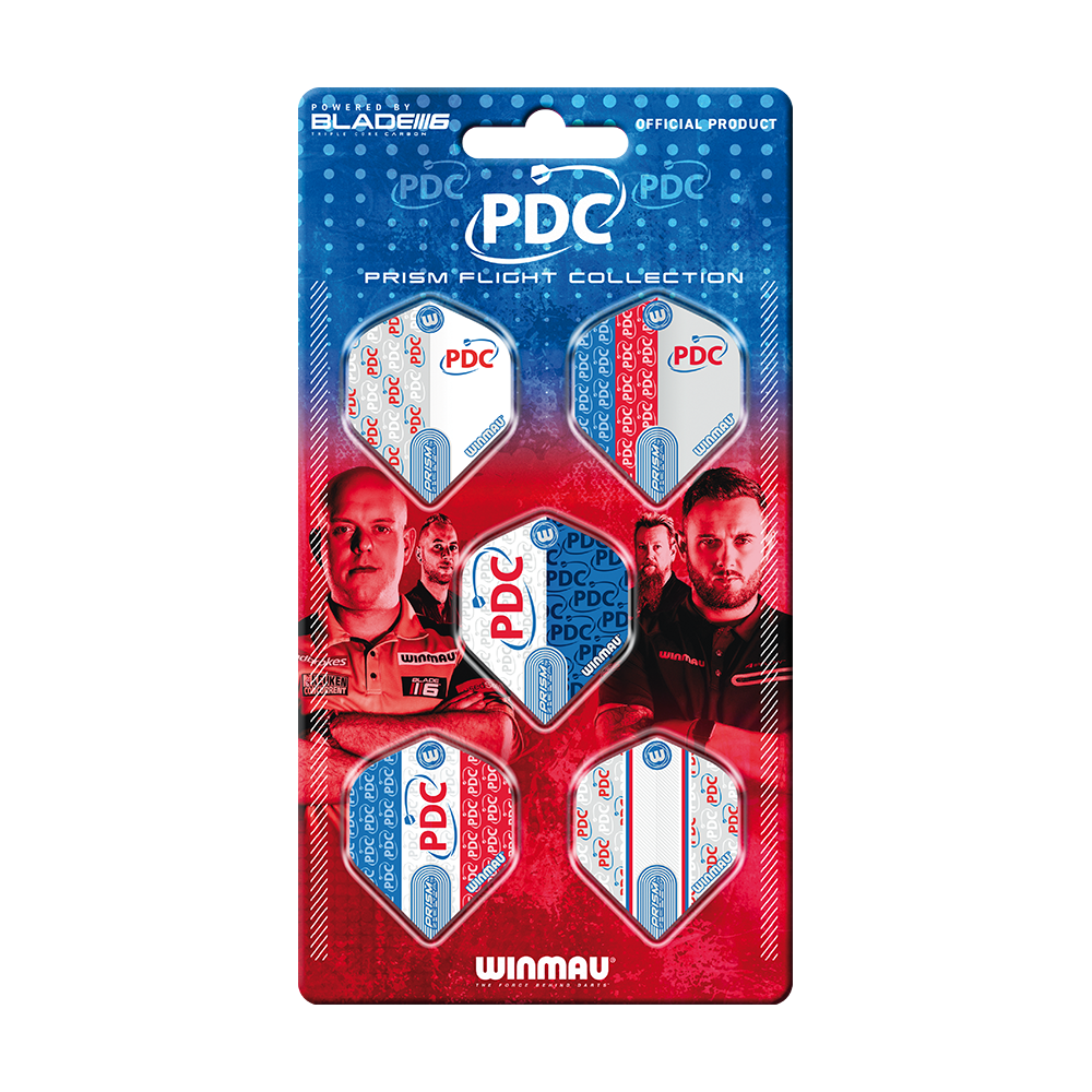Colección de vuelo Winmau PDC Prism Das Bild zeigt die "Winmau PDC Prism Flight Collection", eine offizielle Sammlung von Dart-Flights. Die Verpackung ist blau-rot gestaltet und zeigt fünf verschiedene Flights sowie Bilder von Dartspielern.