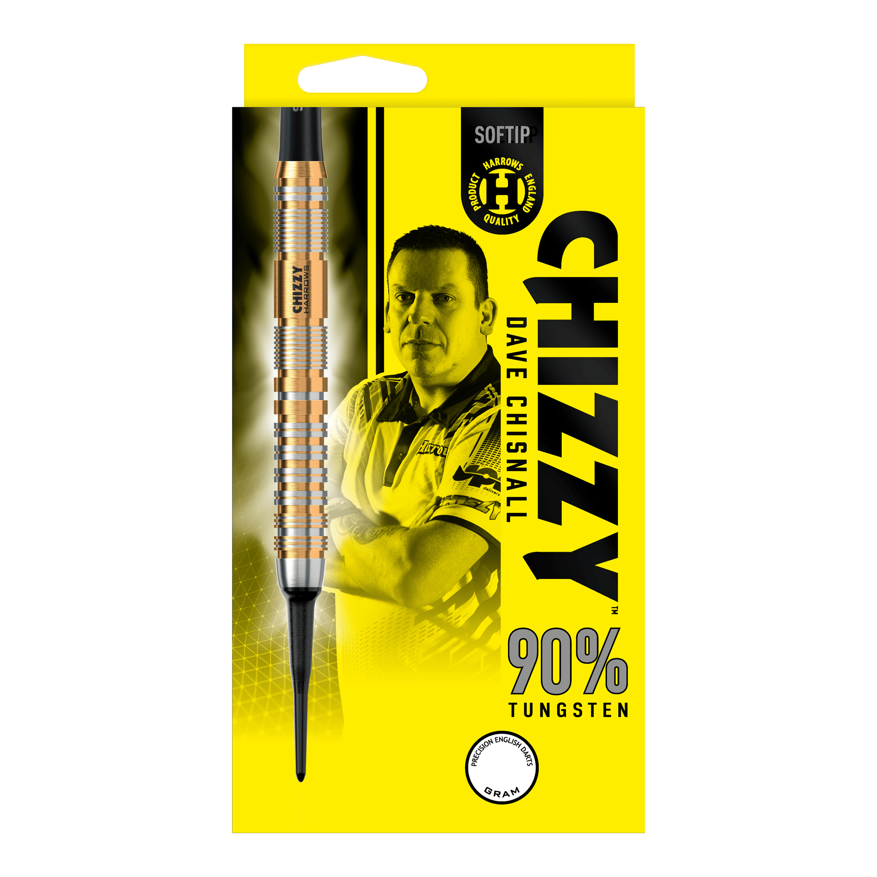 Dardos blandos Harrow's Dave Chisnall Chizzy Serie 2 Die Verpackung zeigt die "Harrows Dave Chisnall Chizzy Series 2 Softdarts" mit einem Bild von Dave Chisnall. Auf der gelben Schachtel steht, dass die Darts aus 90% Tungsten bestehen.