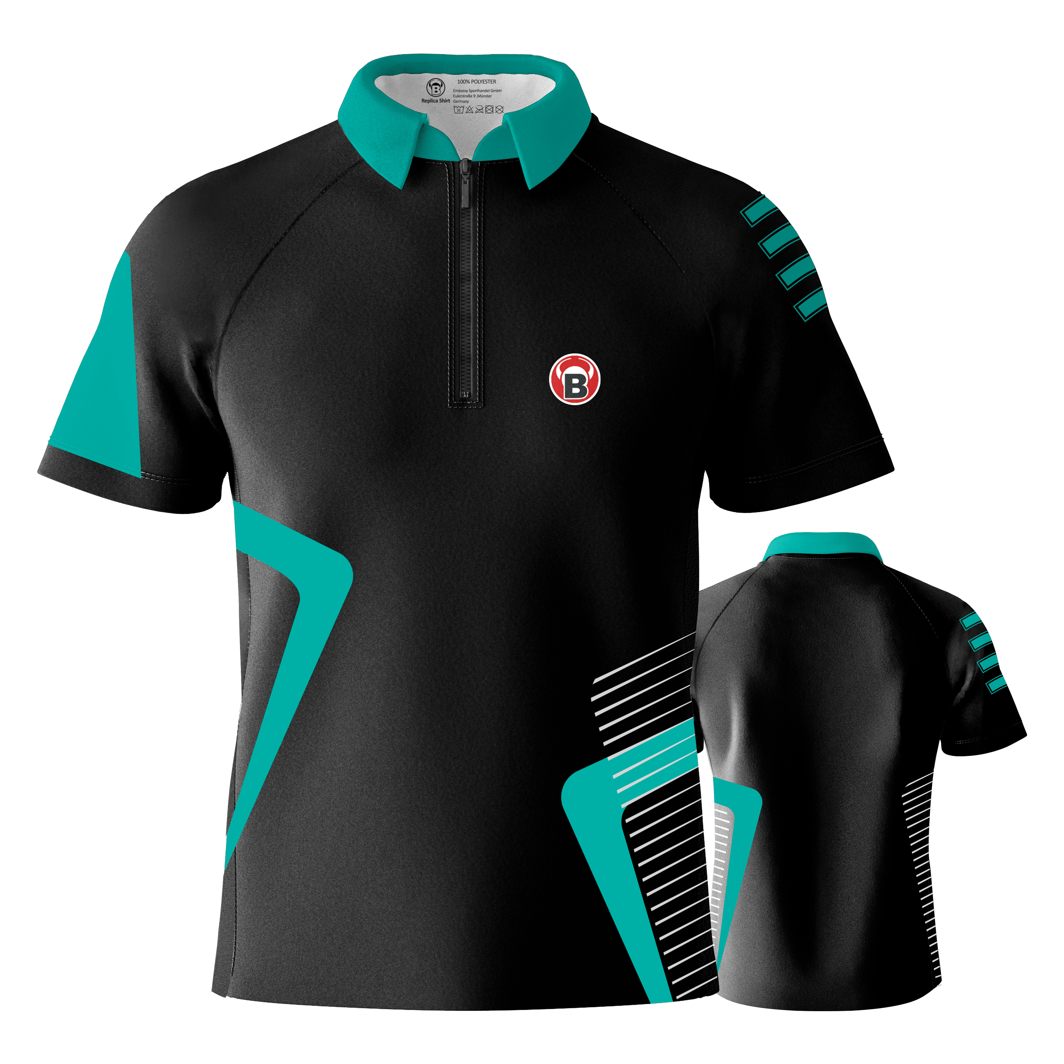 Camiseta de dardos del equipo Bulls - Menta Das Bild zeigt das Bulls Team Dartshirt in der Farbe Mint. Das Shirt ist überwiegend schwarz mit mintfarbenen Akzenten und einem kleinen Logo auf der Brust.