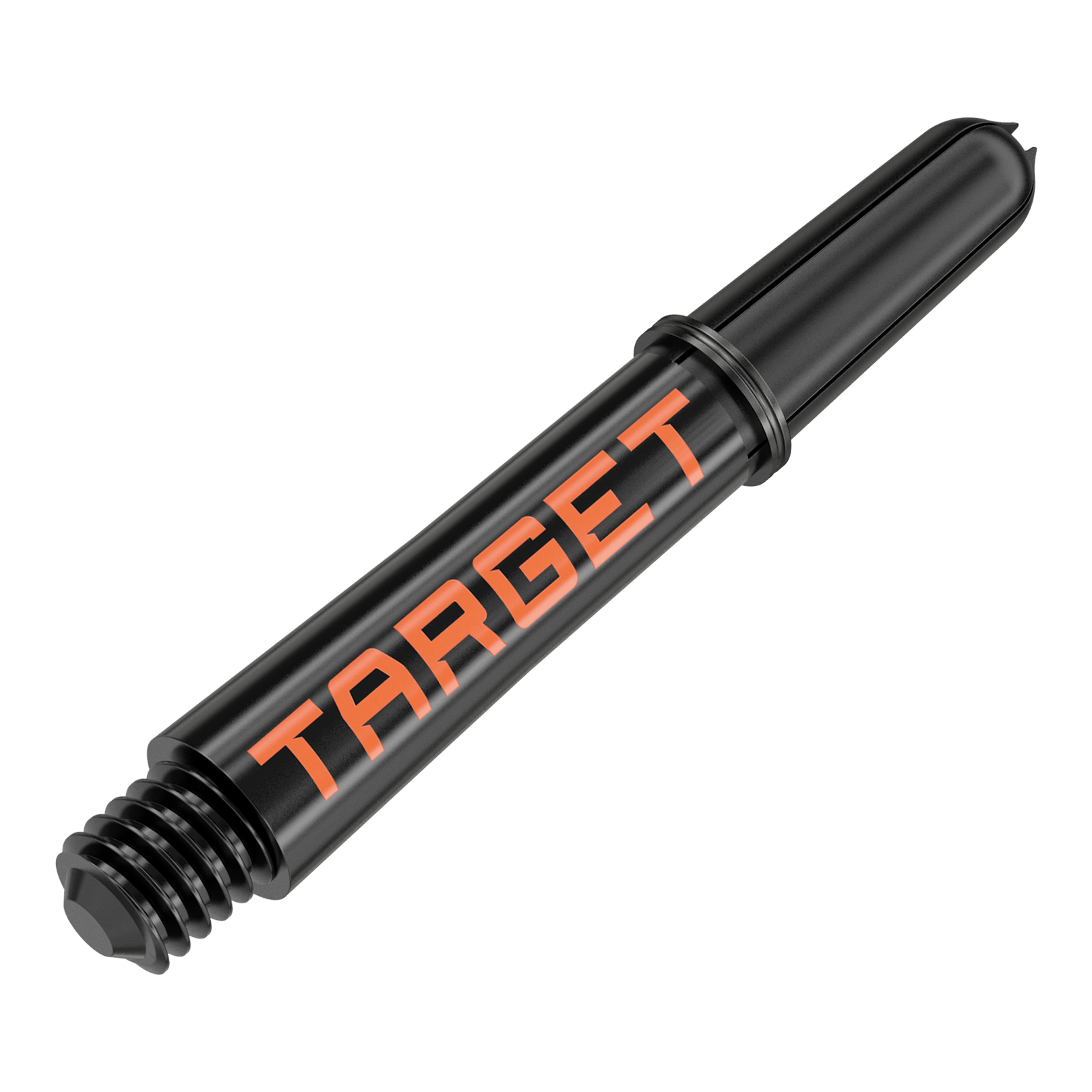 Varillas Target Pro Grip TAG - 3 juegos - Negro Naranja Das Bild zeigt einen schwarzen Dart-Schaft mit orangener Aufschrift "TARGET". Er hat ein Schraubgewinde an einem Ende und ist 34 mm lang.