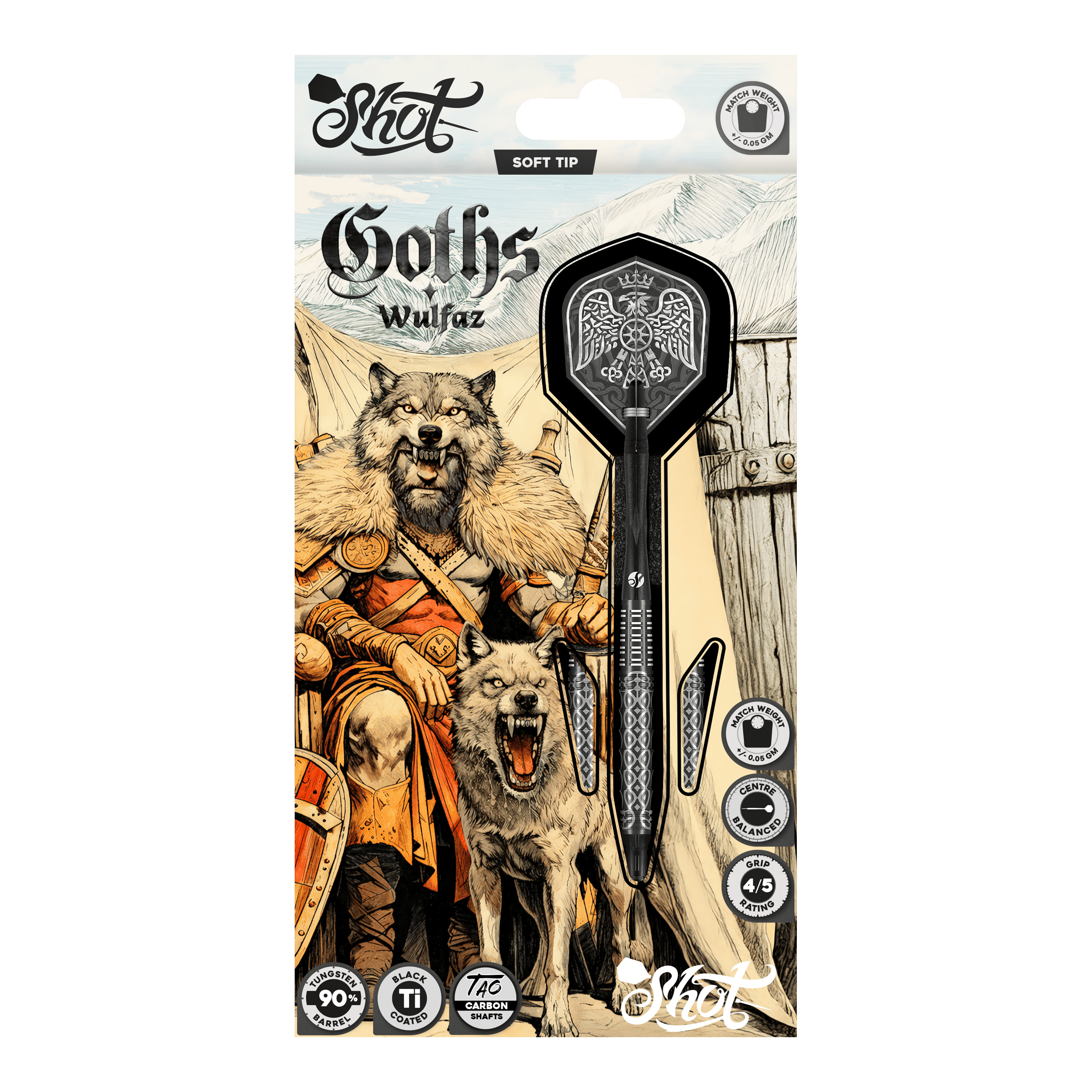 Dardos blandos Shot Goths Wulfaz - 20 g Auf dem Bild sind die Shot Goths Wulfaz Softdarts mit 20g Gewicht zu sehen. Das moderne Design sorgt für ein optimales Dartspiel.