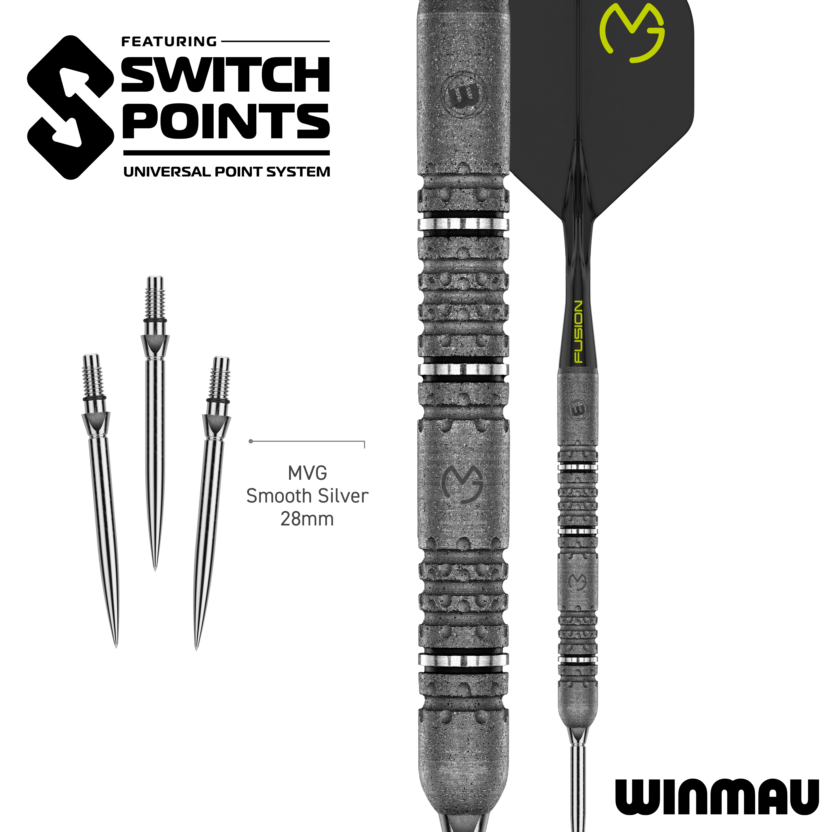 Zu sehen sind die Winmau MvG Signature Edition Switch Points Steeldarts. Sie eignen sich ideal für ambitionierte Dartspieler.