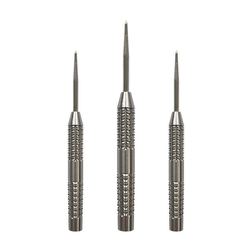 Barriles de dardos de acero McDart SilverGrip Das Bild zeigt drei silberne Steeldart-Barrels der Marke McDart SilverGrip. Sie sind aus Metall gefertigt und haben eine strukturierte Griffoberfläche.